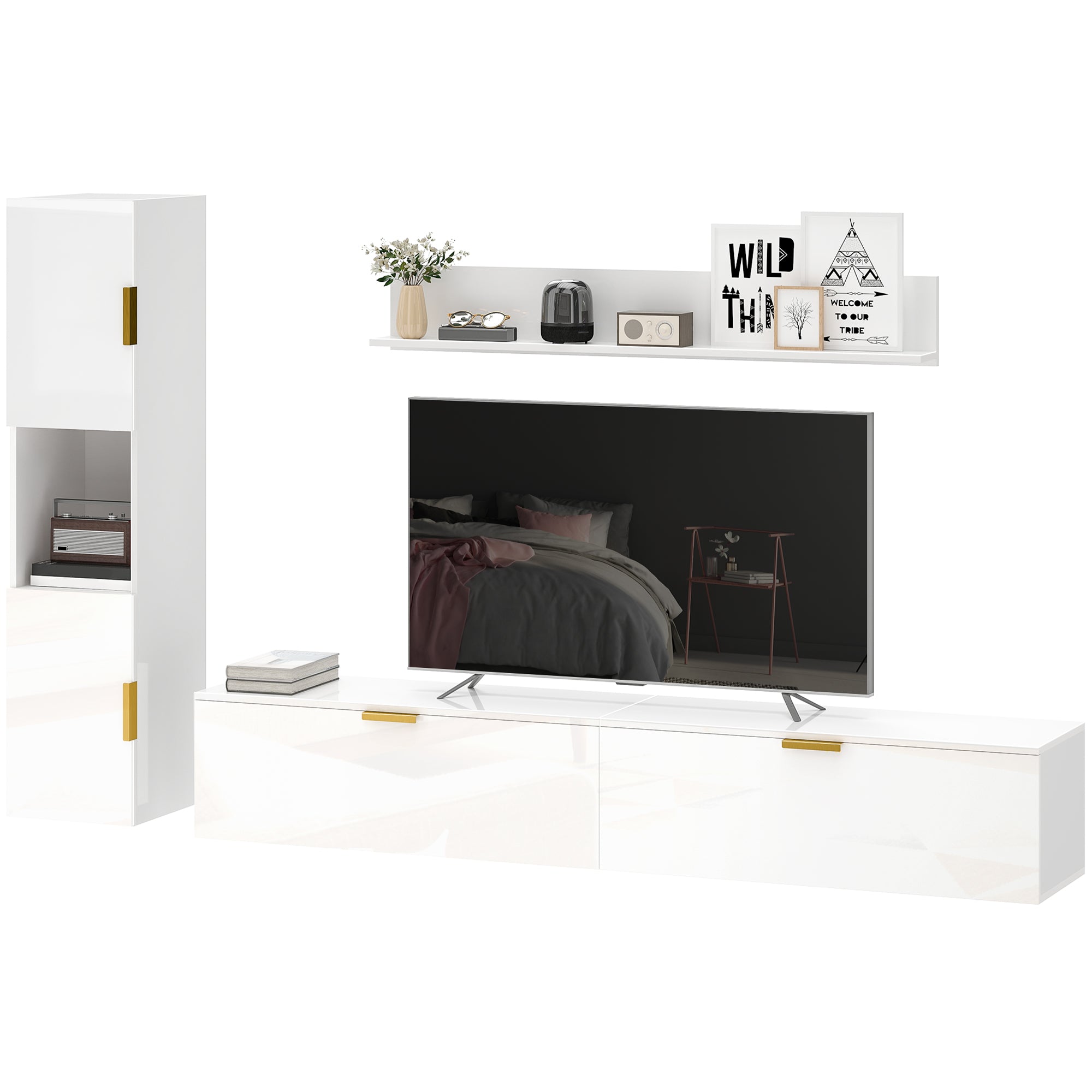 3-Piece Floating TV Wall Unit with Shelf & Storage Cabinet — Fits TVs up to 55 in, High-Gloss White