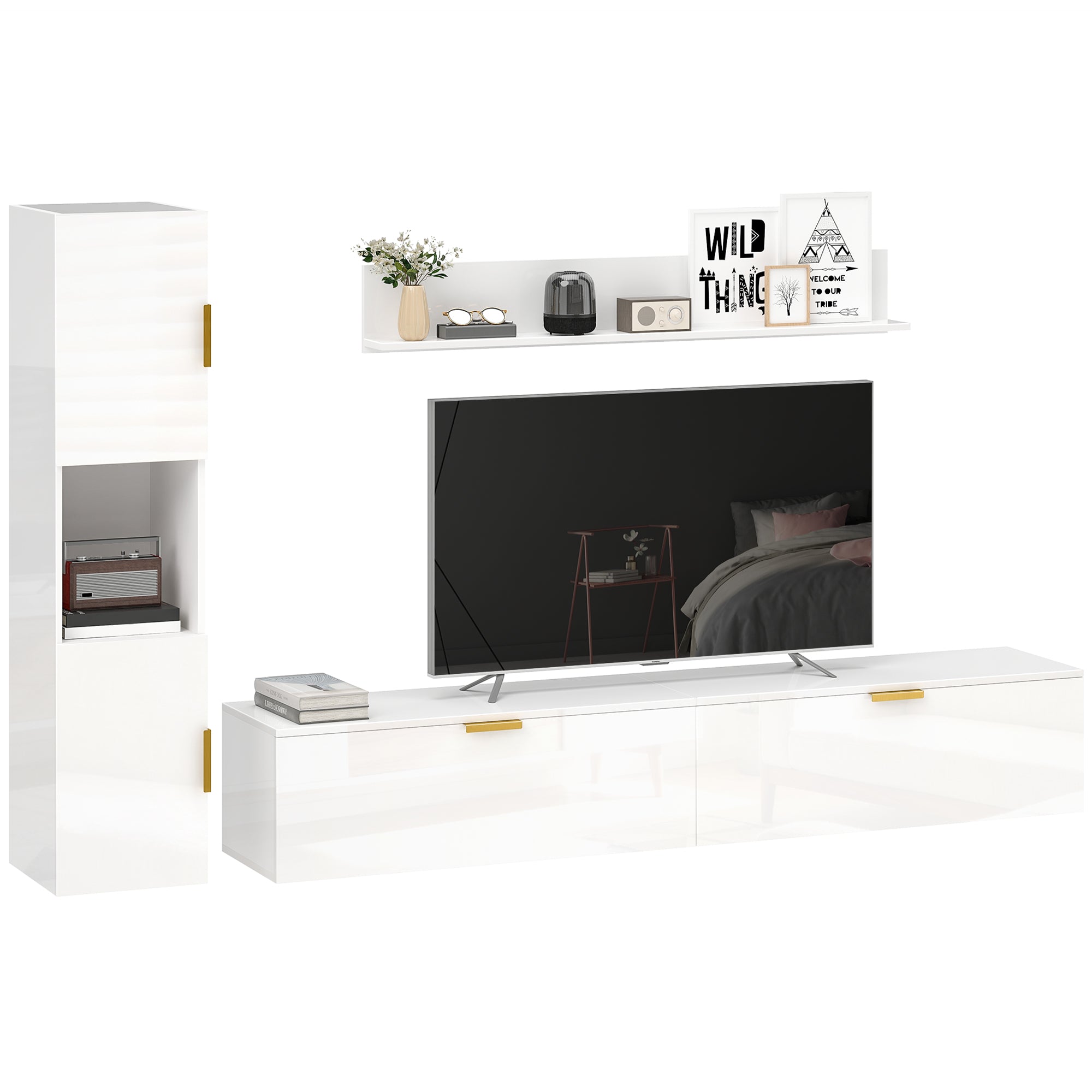 3-Piece Floating TV Wall Unit with Shelf & Storage Cabinet — Fits TVs up to 55 in, High-Gloss White