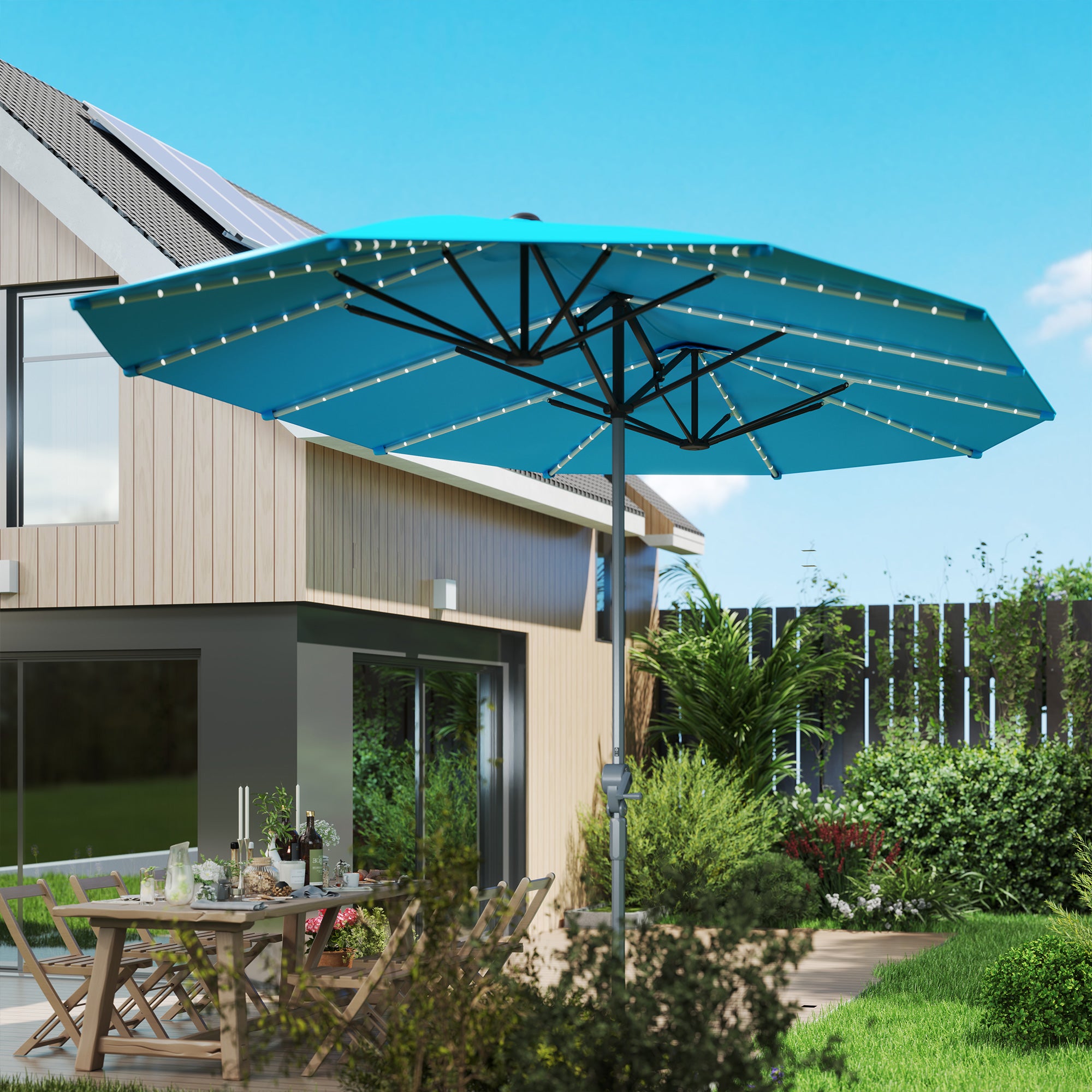 Double Sun Umbrella with Solar LED Lights 451x267 cm Aluminum UV 50+ Sun Umbrella with Hand Crank Fiberglass Ribs, Balcony Umbrella Windproof Market Umbrella Sun Protection for Balcony Garden Blue