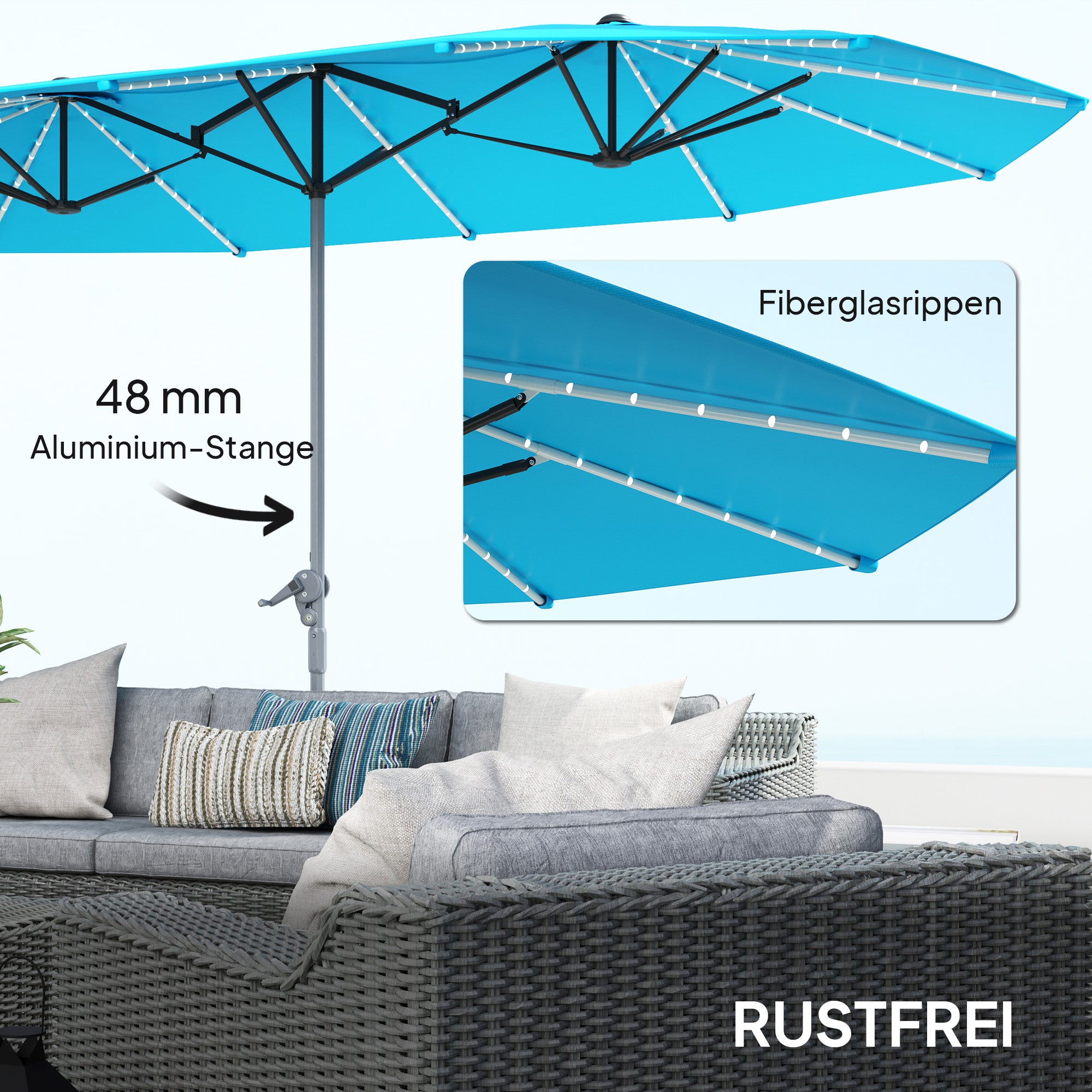 Double Sun Umbrella with Solar LED Lights 451x267 cm Aluminum UV 50+ Sun Umbrella with Hand Crank Fiberglass Ribs, Balcony Umbrella Windproof Market Umbrella Sun Protection for Balcony Garden Blue