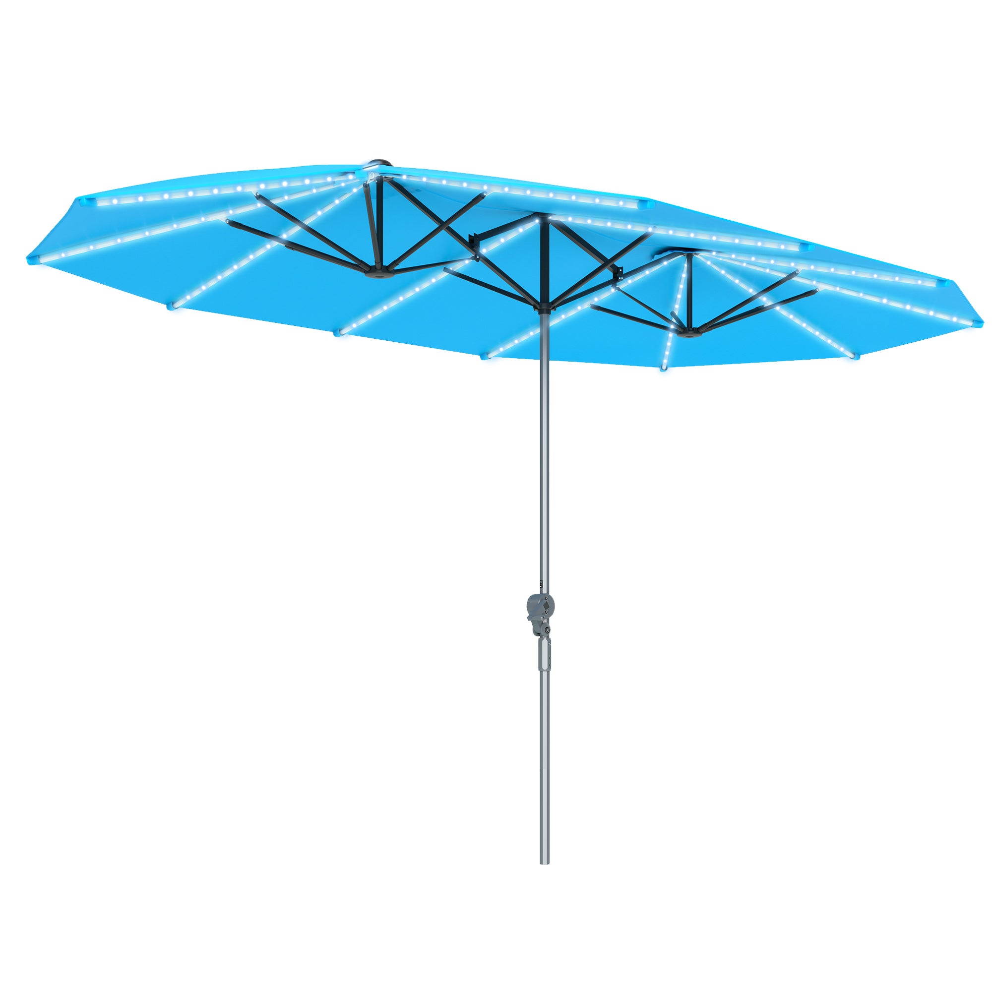 Double Sun Umbrella with Solar LED Lights 451x267 cm Aluminum UV 50+ Sun Umbrella with Hand Crank Fiberglass Ribs, Balcony Umbrella Windproof Market Umbrella Sun Protection for Balcony Garden Blue