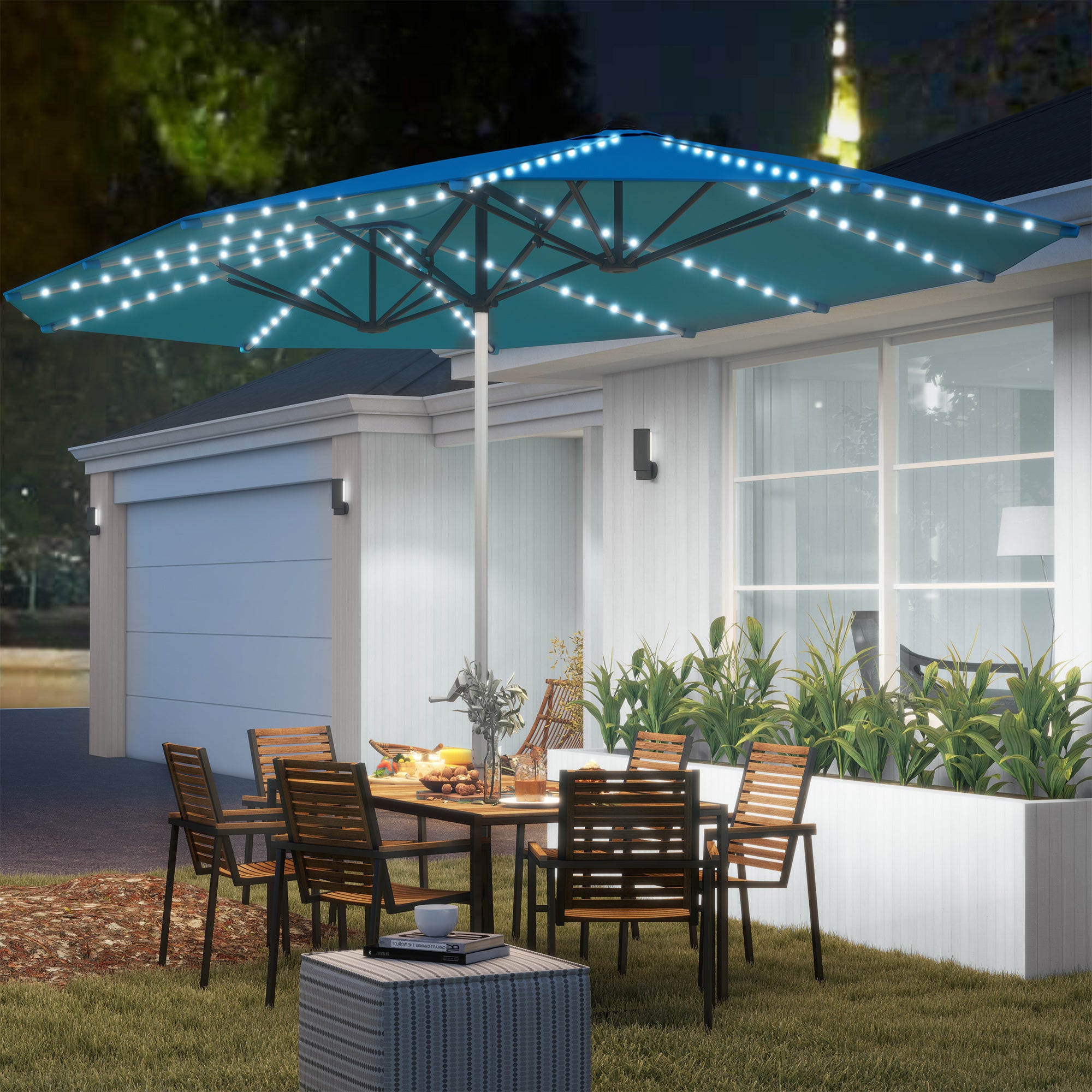 Double Sun Umbrella with Solar LED Lights 451x267 cm Aluminum UV 50+ Sun Umbrella with Hand Crank Fiberglass Ribs, Balcony Umbrella Windproof Market Umbrella Sun Protection for Balcony Garden Blue