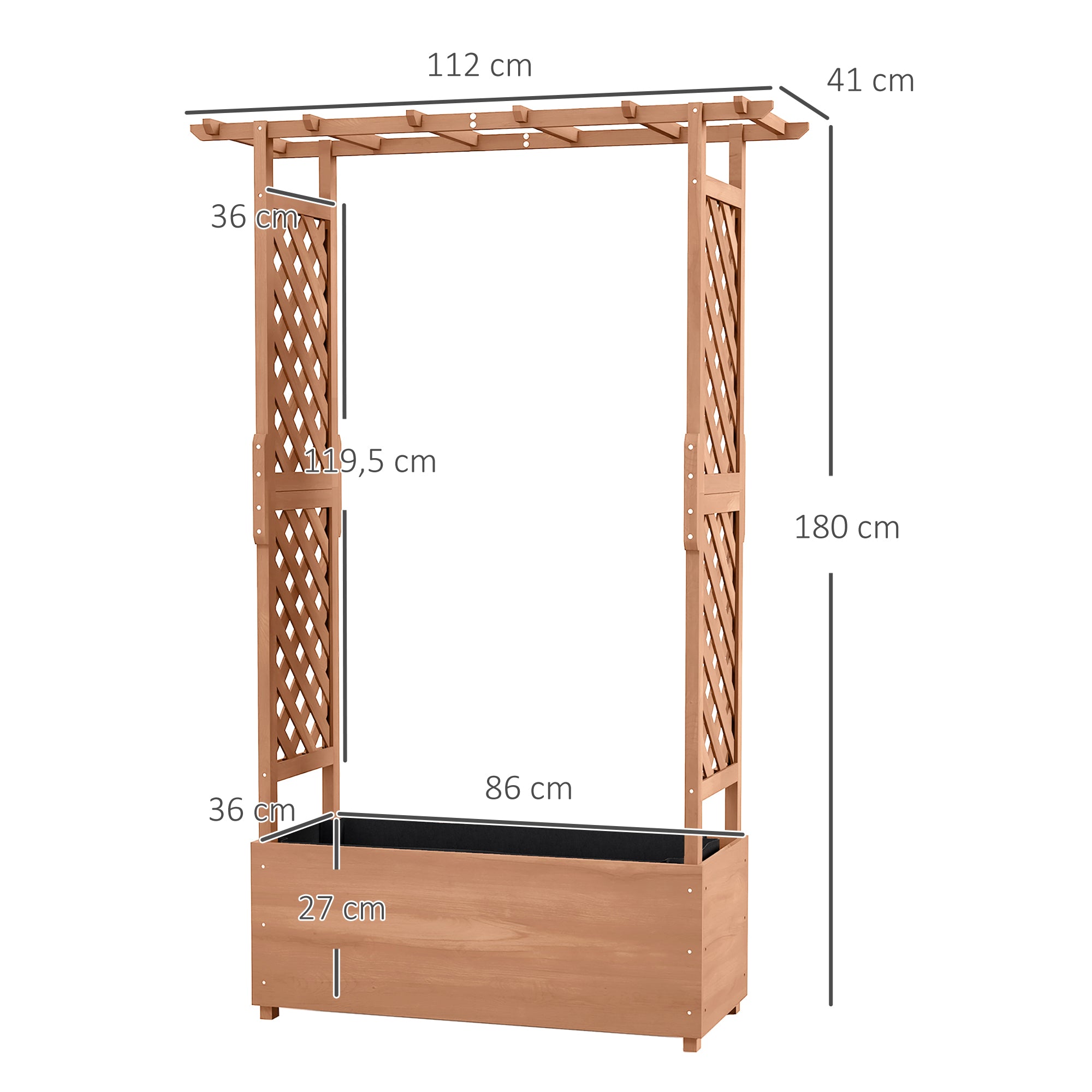 Planter with Trellis and Roof in Spruce Wood, Outdoor Planter with Drainage Holes, 112x41x180 cm, Brown