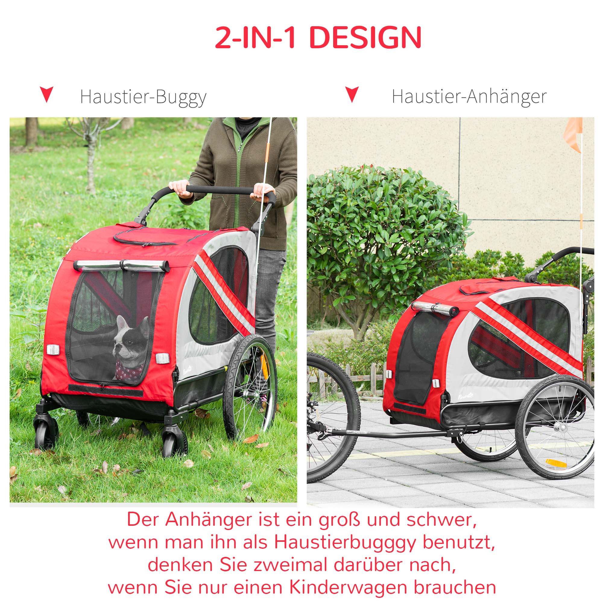 2-in-1 Dog Trailer & Dog Stroller, Dog Bike Trailer Bicycle Trailer, Dog Cart with Reflectors for Medium-sized Dogs up to 20 kg, Oxford Fabric, Red