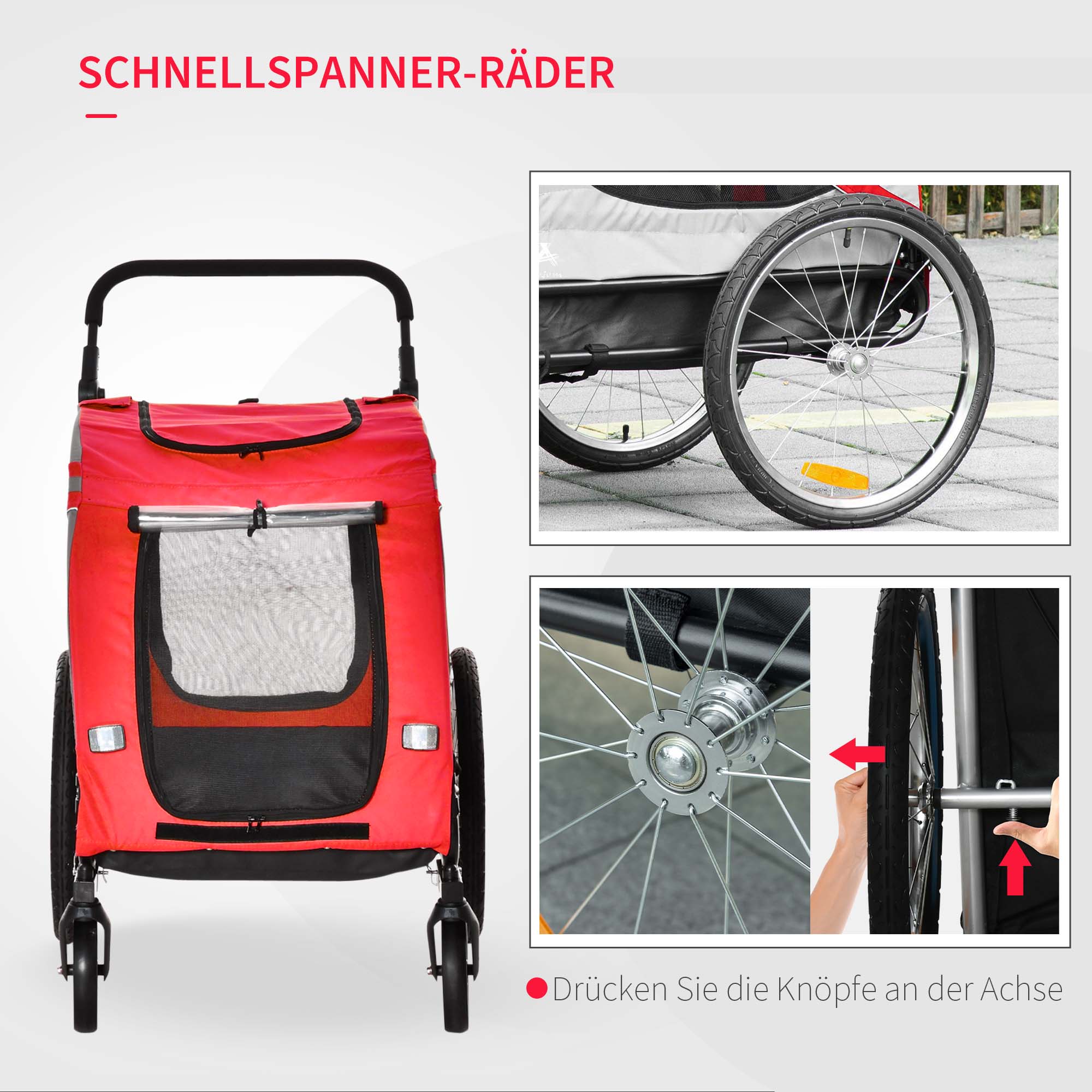 2-in-1 Dog Trailer & Dog Stroller, Dog Bike Trailer Bicycle Trailer, Dog Cart with Reflectors for Medium-sized Dogs up to 20 kg, Oxford Fabric, Red