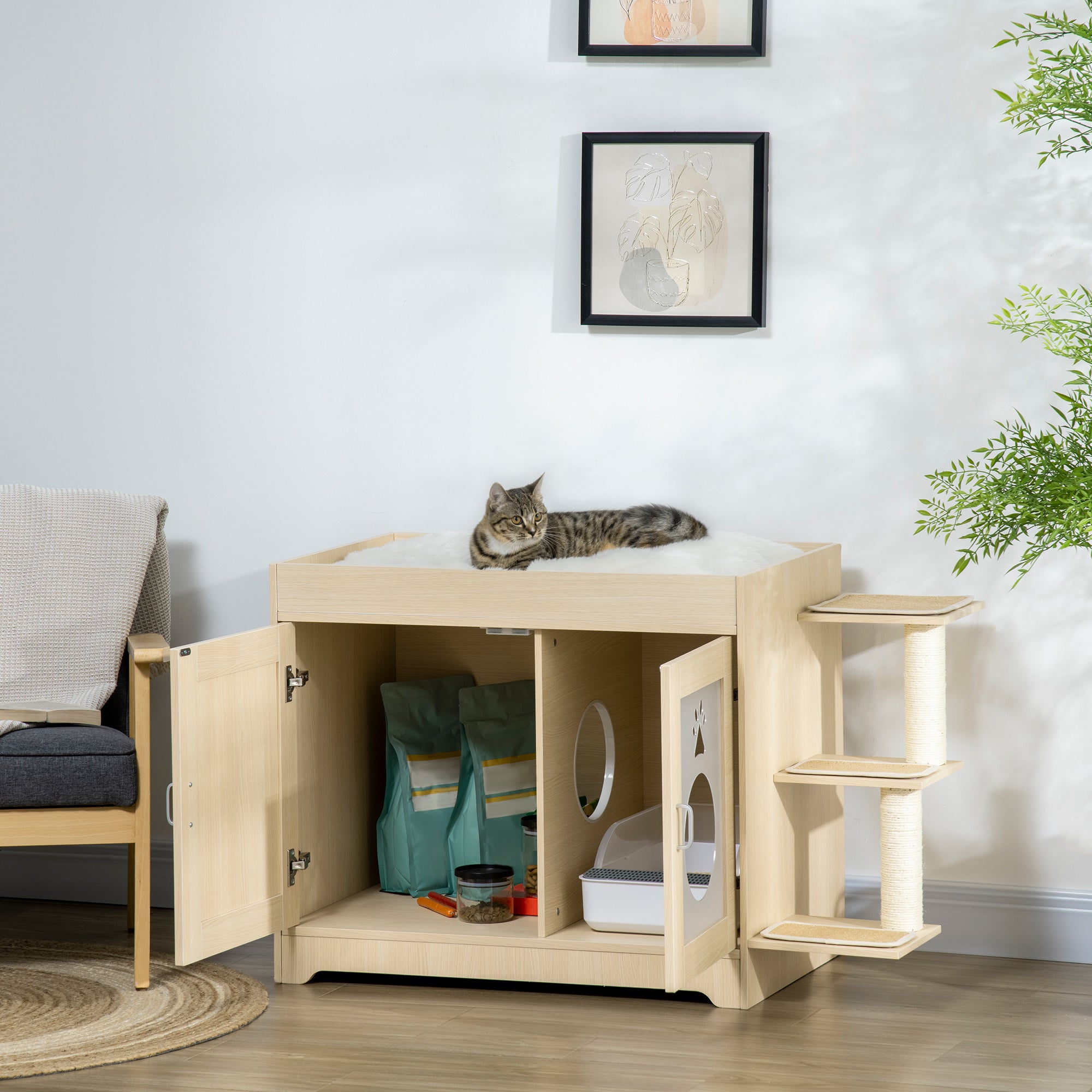 Cat Litter Box Furniture with 2 Doors Cat Litter Cabinet with Soft Cushion Bed 3 Platforms and Sisal Posts 107x54x70 cm Oak
