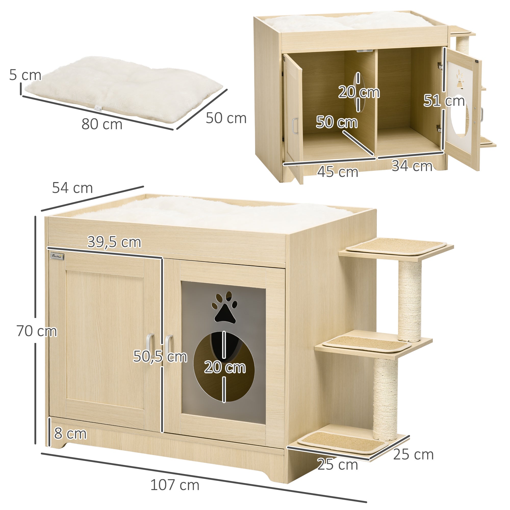 Cat Litter Box Furniture with 2 Doors Cat Litter Cabinet with Soft Cushion Bed 3 Platforms and Sisal Posts 107x54x70 cm Oak