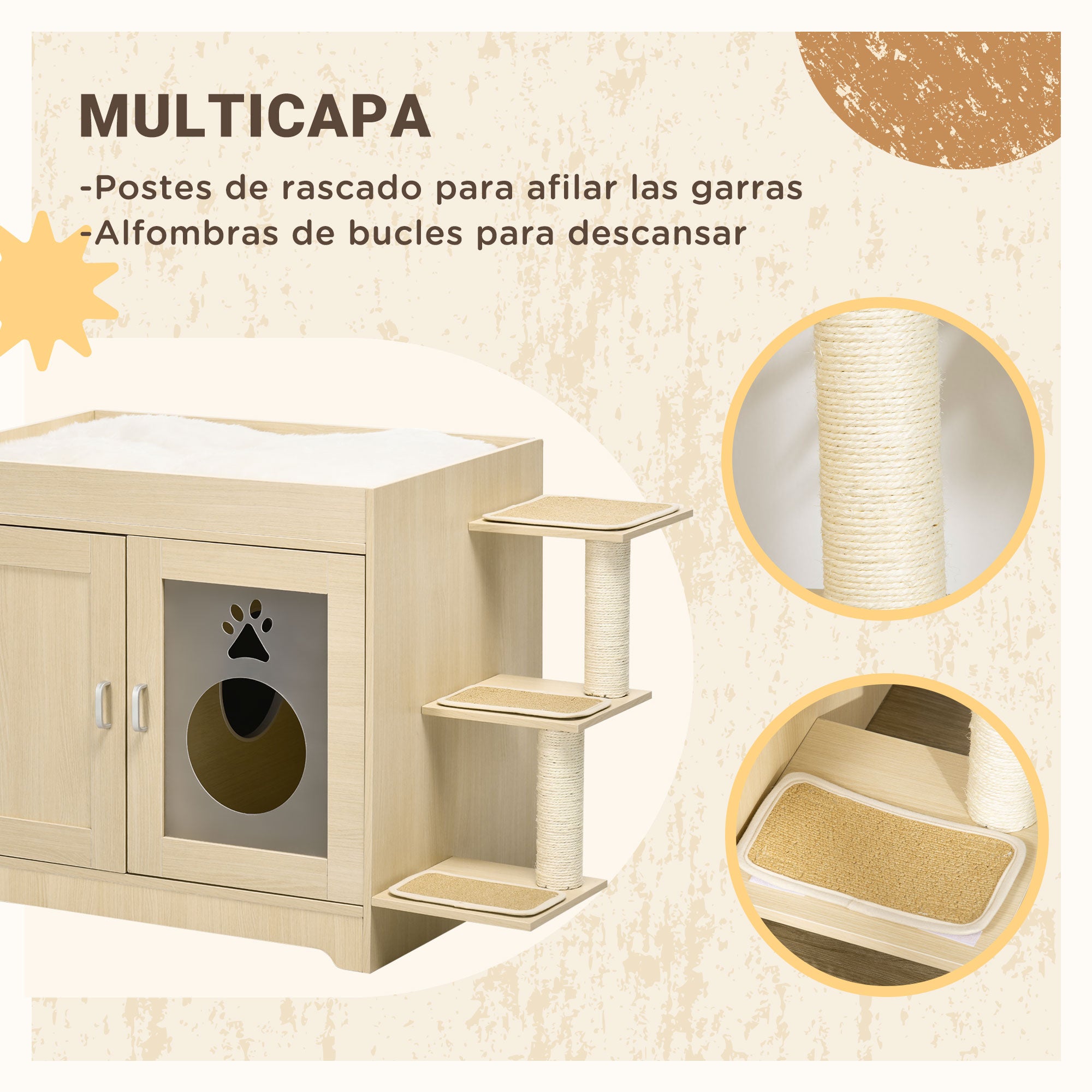 Cat Litter Box Furniture with 2 Doors Cat Litter Cabinet with Soft Cushion Bed 3 Platforms and Sisal Posts 107x54x70 cm Oak