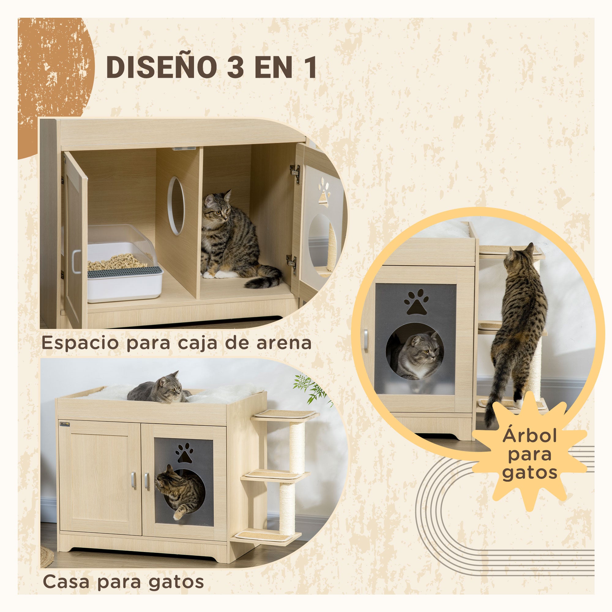 Cat Litter Box Furniture with 2 Doors Cat Litter Cabinet with Soft Cushion Bed 3 Platforms and Sisal Posts 107x54x70 cm Oak