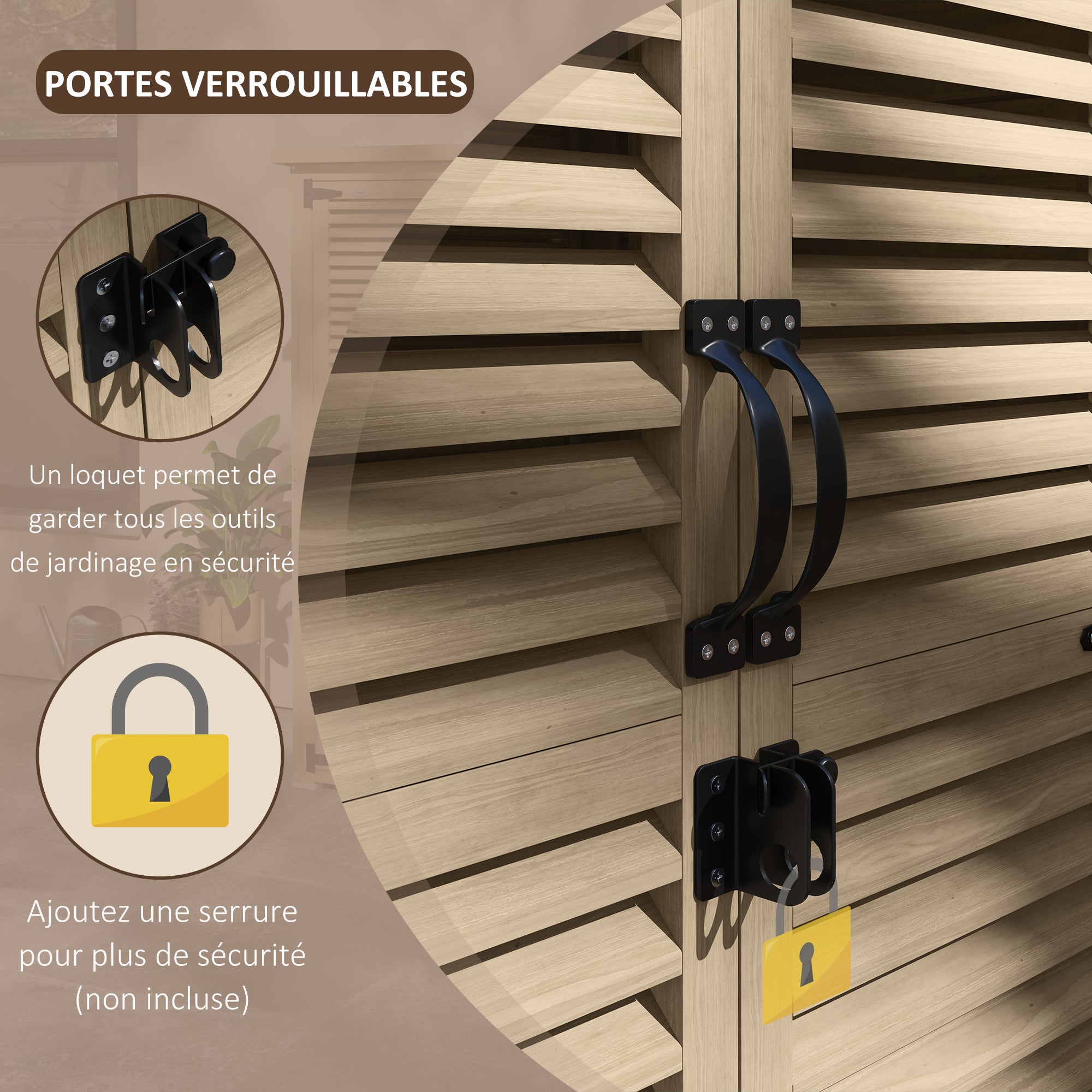 Garden Tool Storage Shed with 2 Shelves Natural Wood Bitumen Roof Louvered Doors Lockable 75 x 50 x 118
