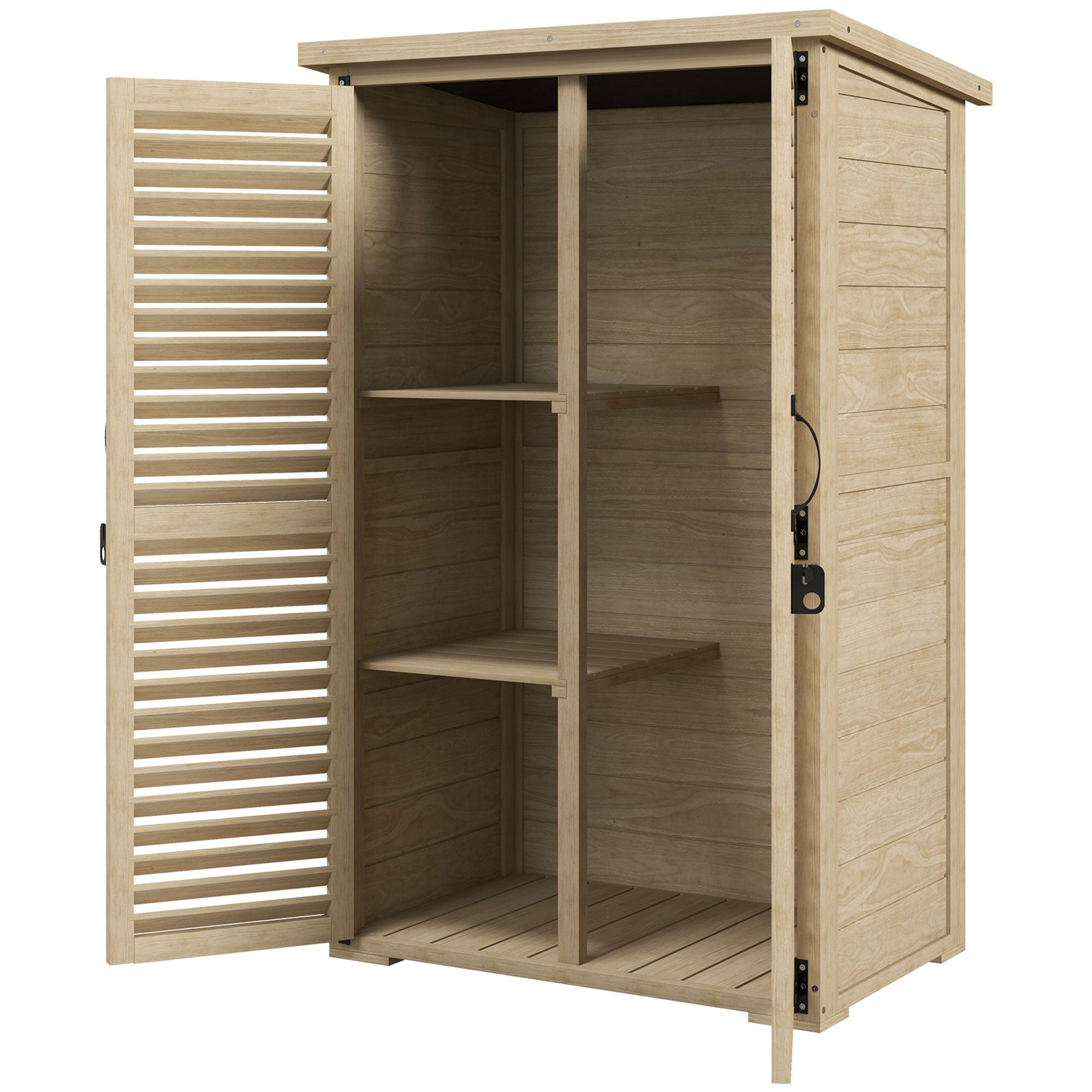 Garden Tool Storage Shed with 2 Shelves Natural Wood Bitumen Roof Louvered Doors Lockable 75 x 50 x 118