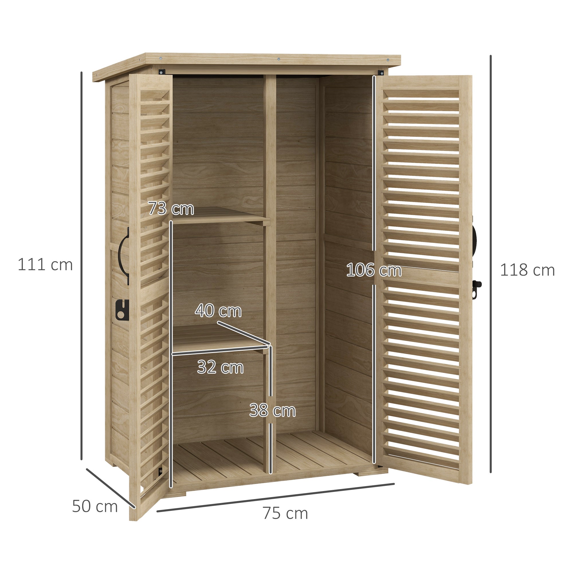 Garden Tool Storage Shed with 2 Shelves Natural Wood Bitumen Roof Louvered Doors Lockable 75 x 50 x 118