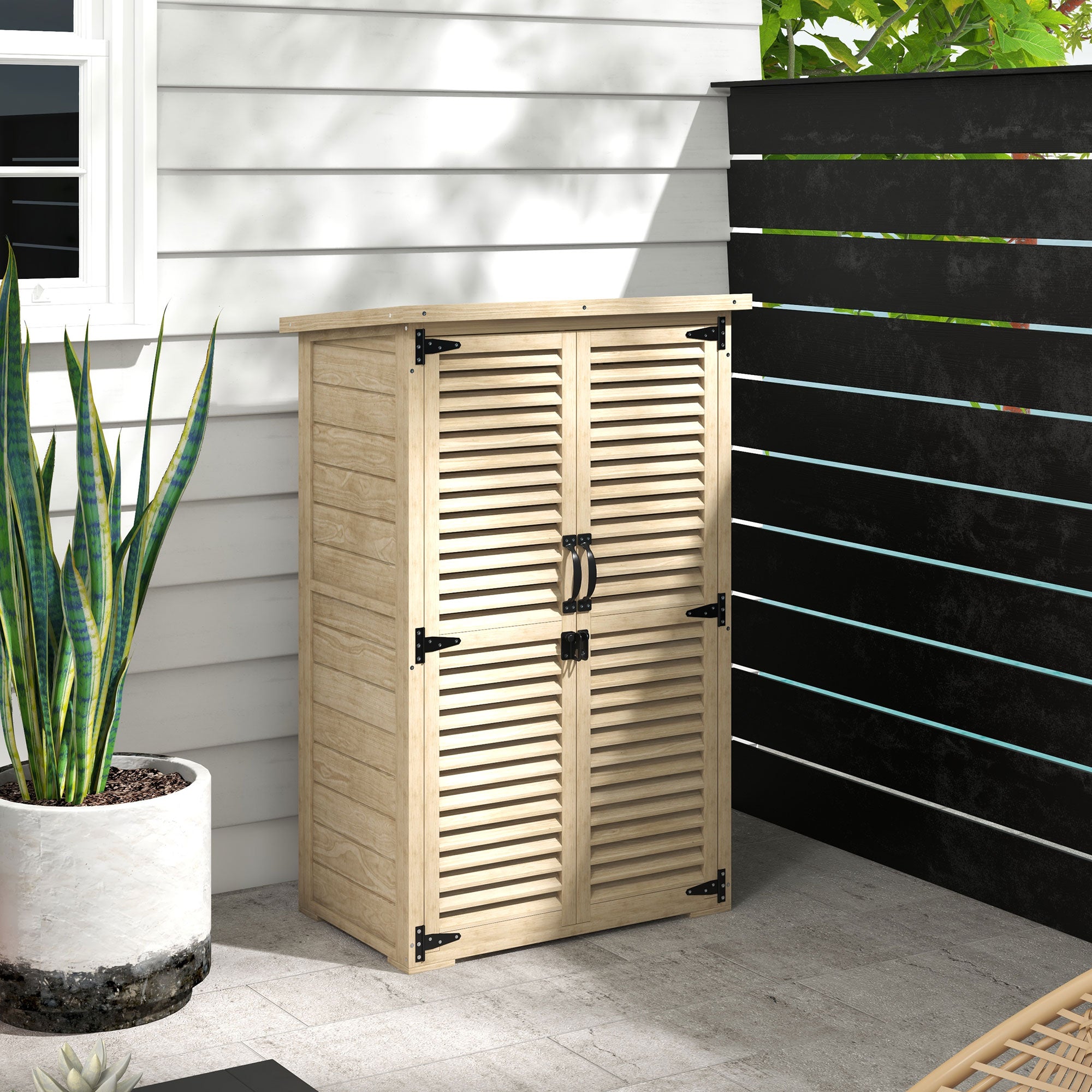 Garden Tool Storage Shed with 2 Shelves Natural Wood Bitumen Roof Louvered Doors Lockable 75 x 50 x 118