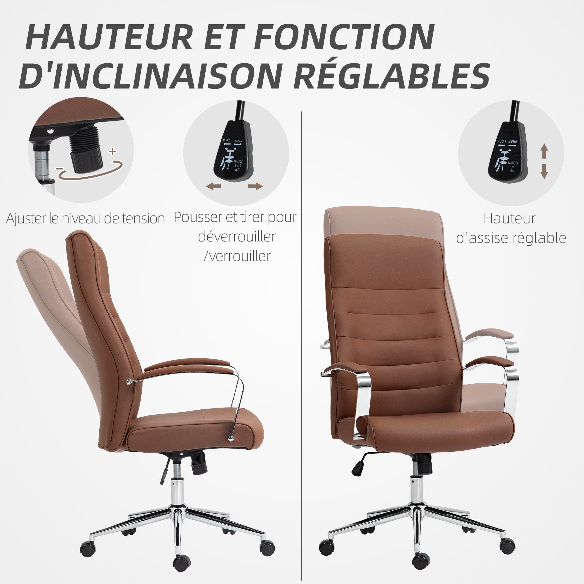 Ergonomic Office Chair with Adjustable Height, High Backrest, Rocking Function, Swivel Rolling Desk Chair, 120 Kg Capacity, Dark Brown