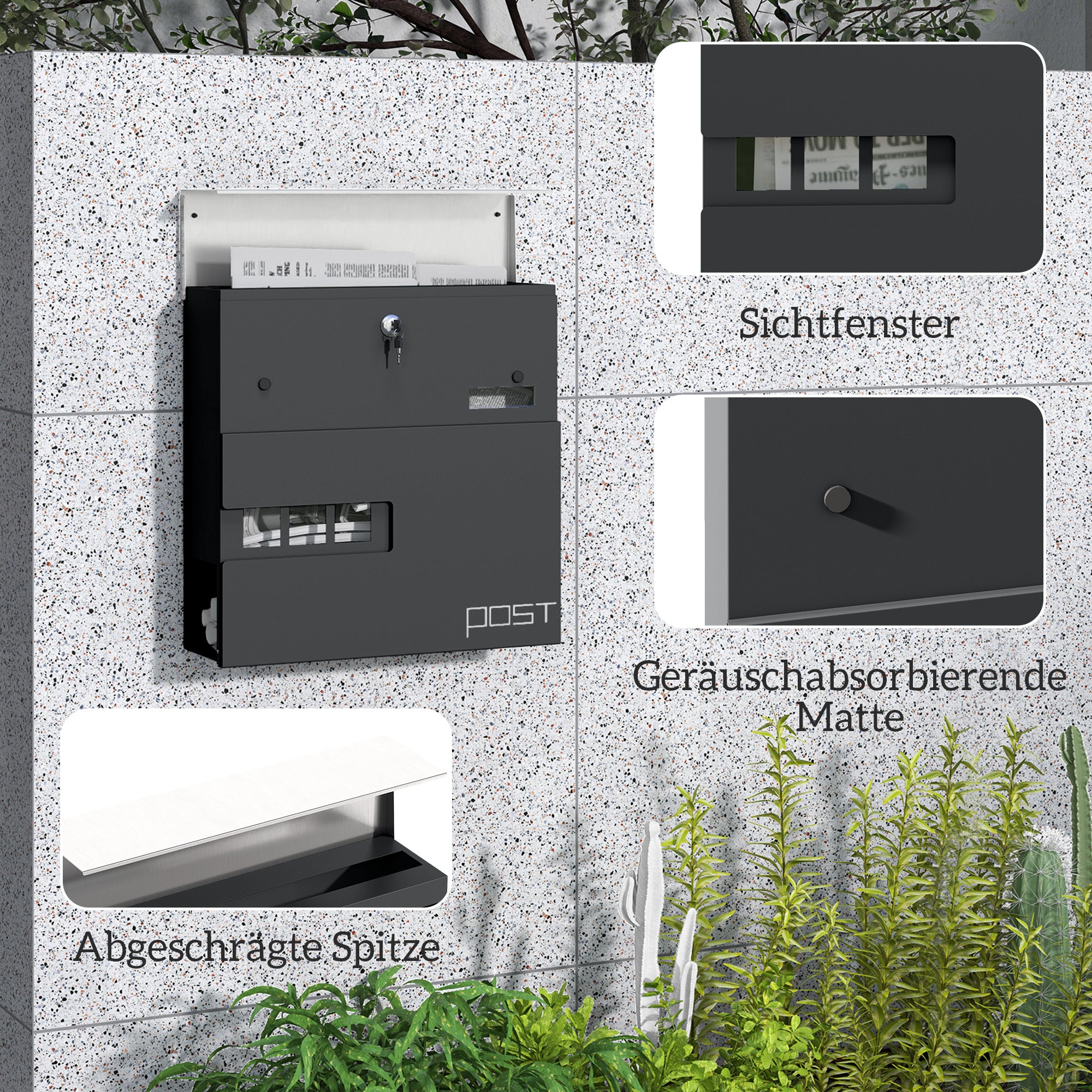 Mailbox Wall Mount Mailbox made of Steel with Viewing Window, Lock, Copper Core, Mailbox for Outdoor, 37 x 10.5 x 37 cm, Dark Gray