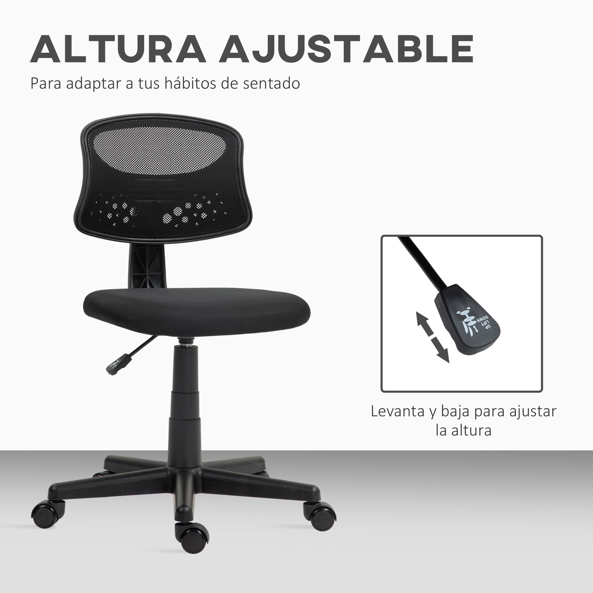 Armless Ergonomic Office Chair Mesh Back Swivel Desk Chair Adjustable Height Office Chair 120 kg Load Capacity Black