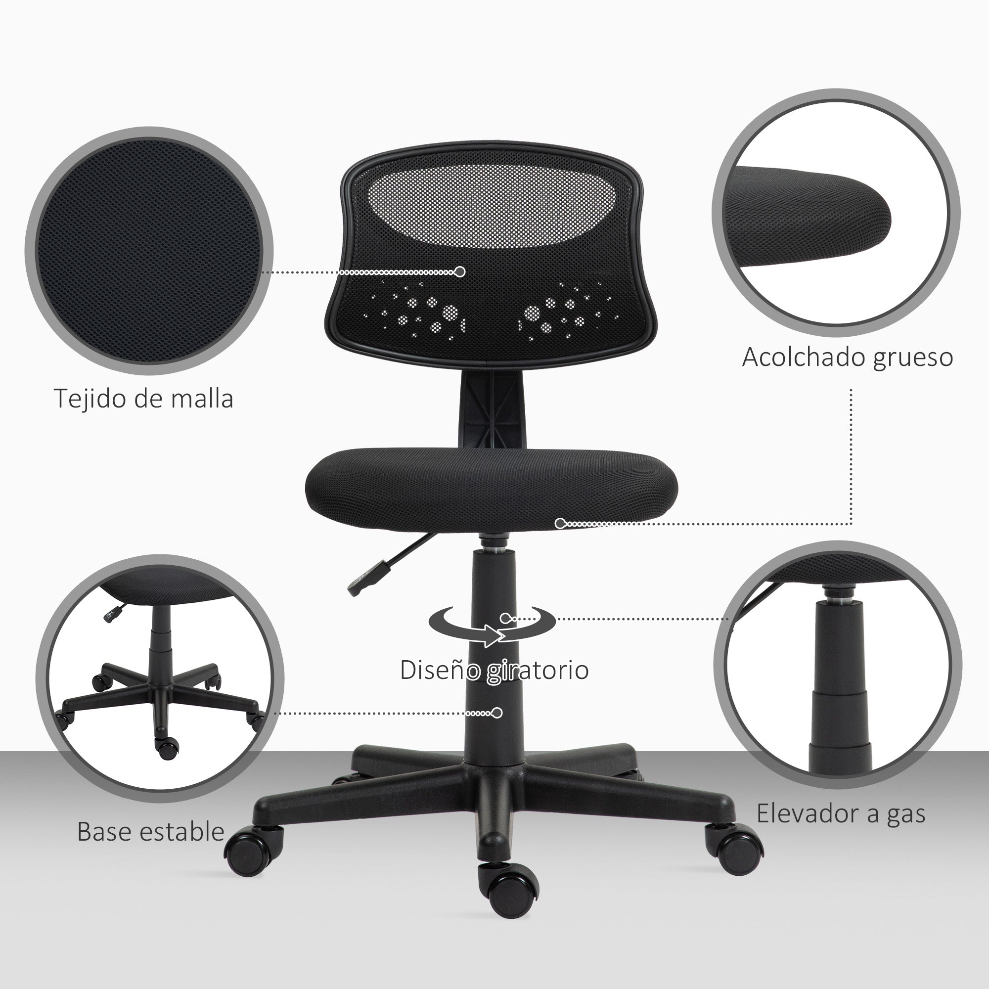Armless Ergonomic Office Chair Mesh Back Swivel Desk Chair Adjustable Height Office Chair 120 kg Load Capacity Black