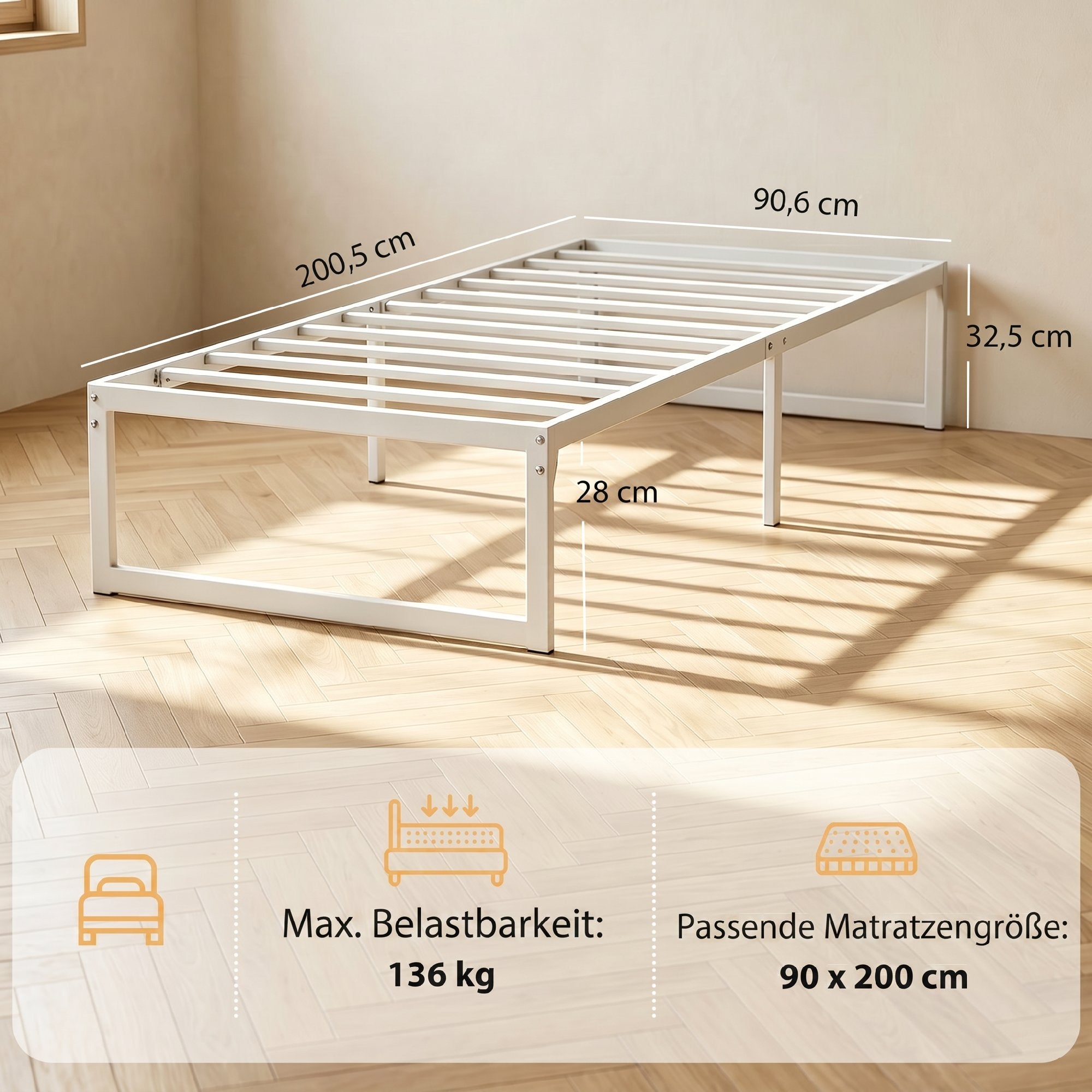 Metal Bed Frame with Under-Bed Storage, 12.8 in Profile, Steel Slats, Quiet & Easy Assembly – Fits 90 x 200 cm (35.4 x 78.7 in) Mattress, White