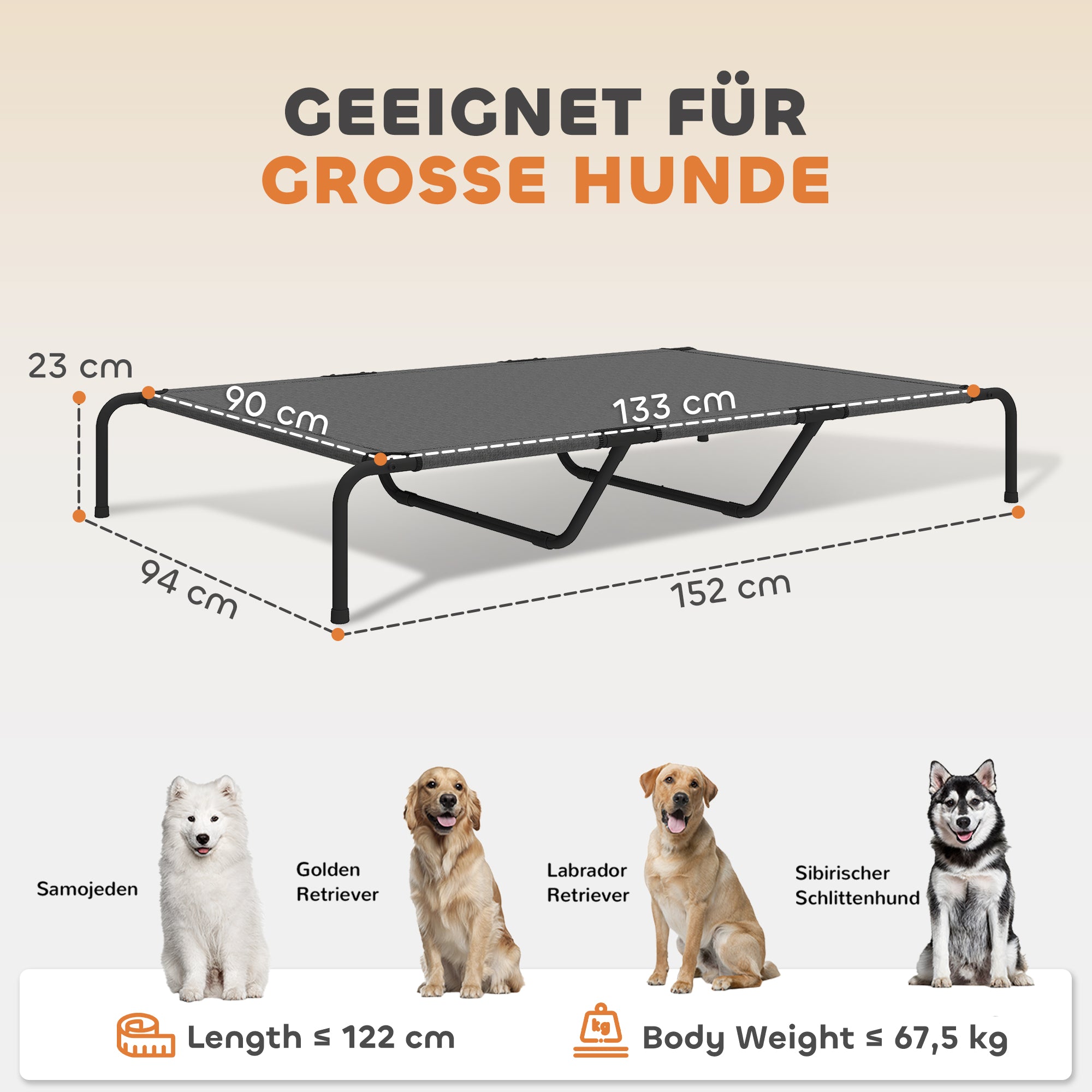 Elevated Outdoor Dog Bed for Large Dogs – Cooling Washable Mesh with Steel Frame, Outdoor Pet Cot for Camping, 60 x 37 x 9 in (152 x 94 x 23 cm), Gray