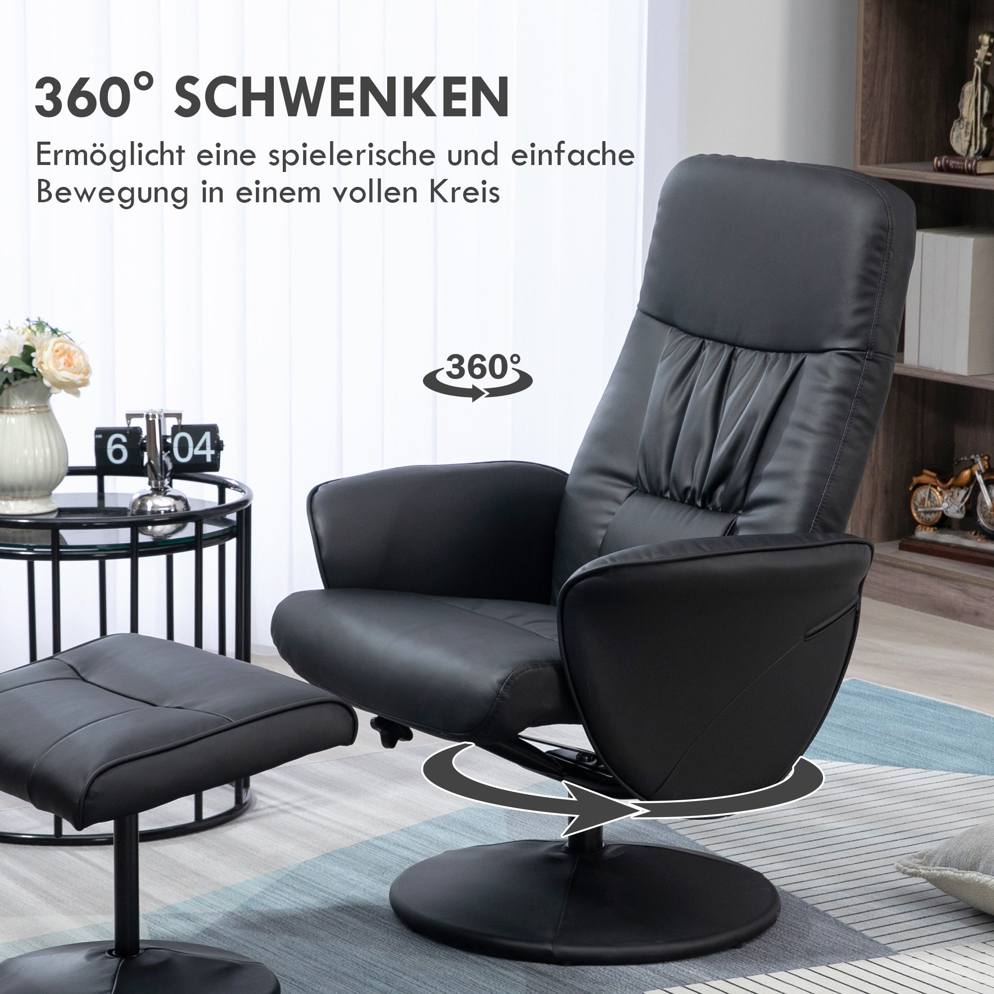 Recliner Chair with Ottoman, TV Recliner, TV Chair with Reclining Function, Swivel Upholstered Chair for Living Room, Bedroom, up to 160 kg, Faux Leather, Black