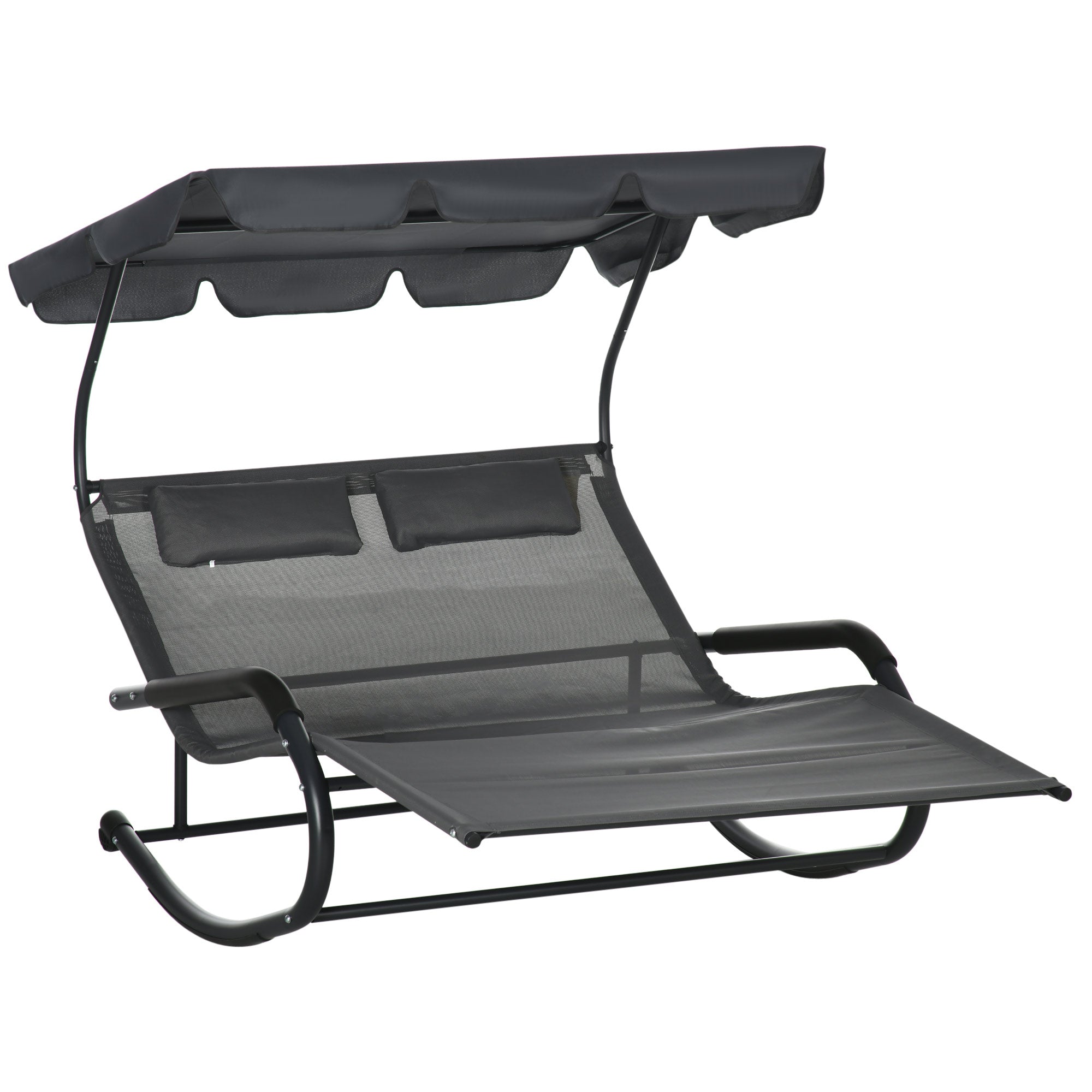 Double Sun Lounger Swing Bench with Sun Canopy, Swivel Chair with Rollers, Sun Lounger with Head Pillow, 220kg Load, for 2 Persons, Dark Grey, 200x139x140cm