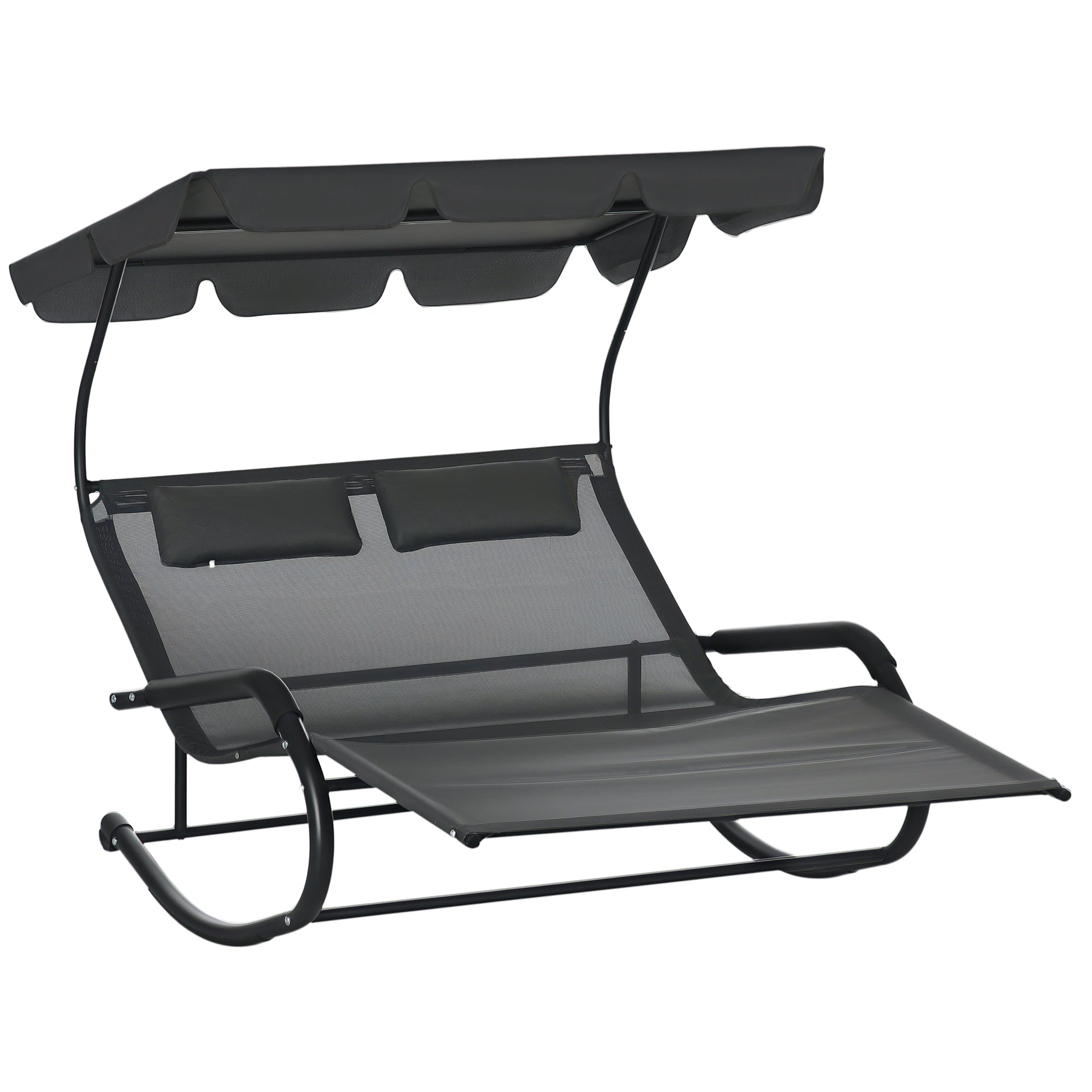 Double Sun Lounger Swing Bench with Sun Canopy, Swivel Chair with Rollers, Sun Lounger with Head Pillow, 220kg Load, for 2 Persons, Dark Grey, 200x139x140cm