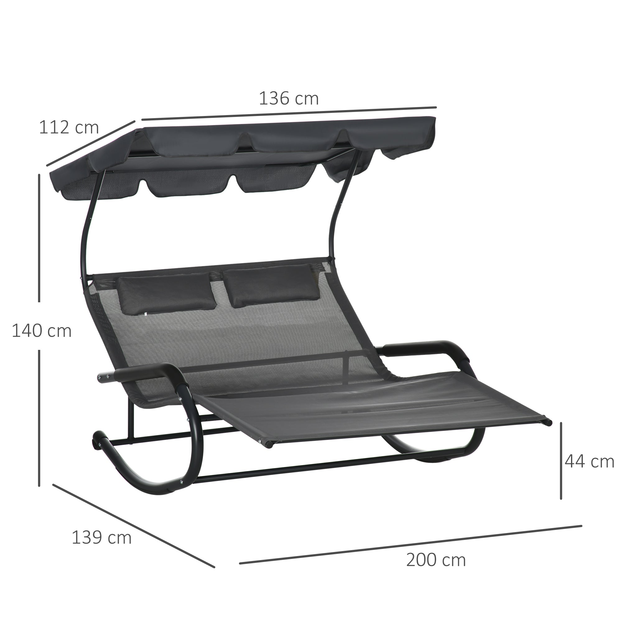 Double Sun Lounger Swing Bench with Sun Canopy, Swivel Chair with Rollers, Sun Lounger with Head Pillow, 220kg Load, for 2 Persons, Dark Grey, 200x139x140cm