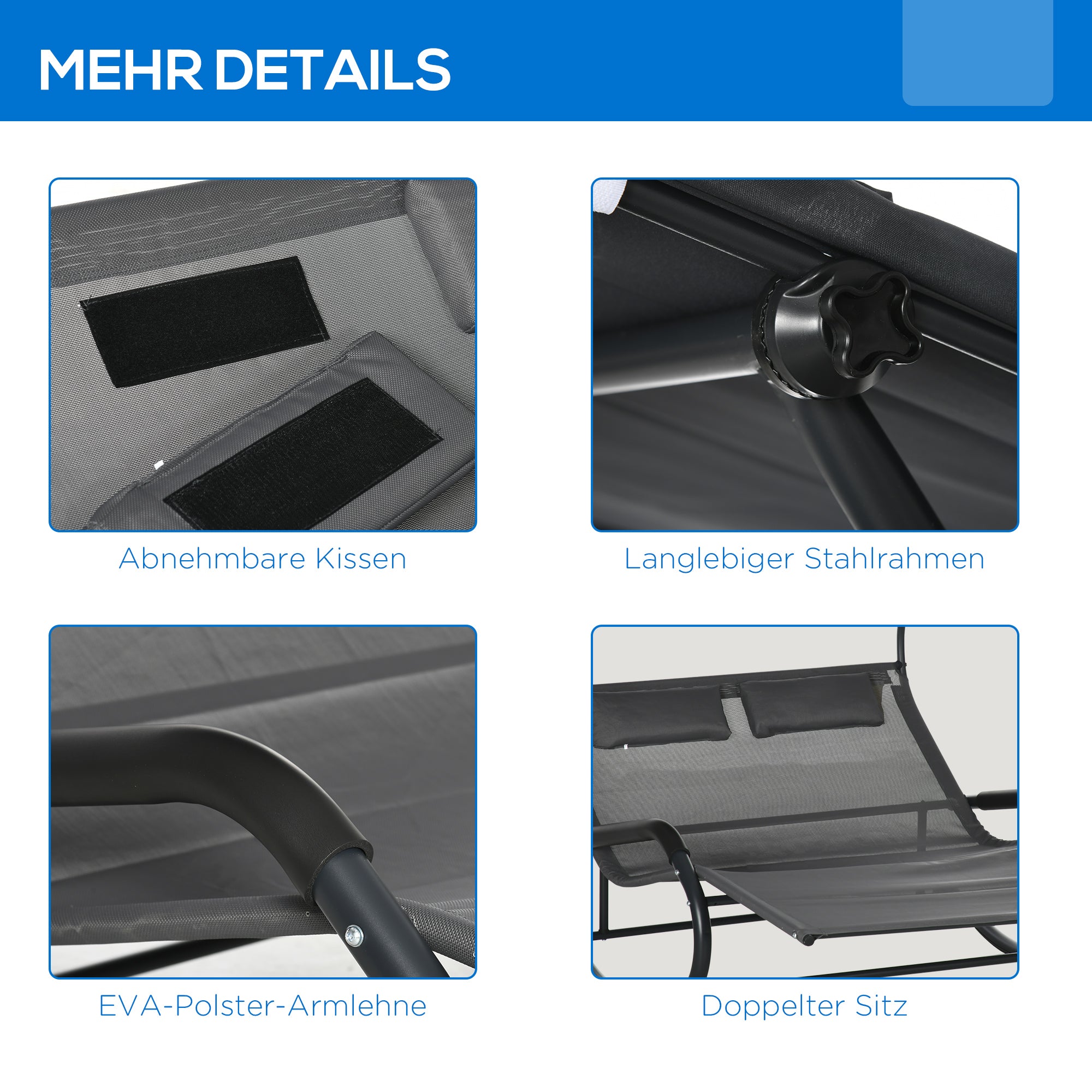 Double Sun Lounger Swing Bench with Sun Canopy, Swivel Chair with Rollers, Sun Lounger with Head Pillow, 220kg Load, for 2 Persons, Dark Grey, 200x139x140cm