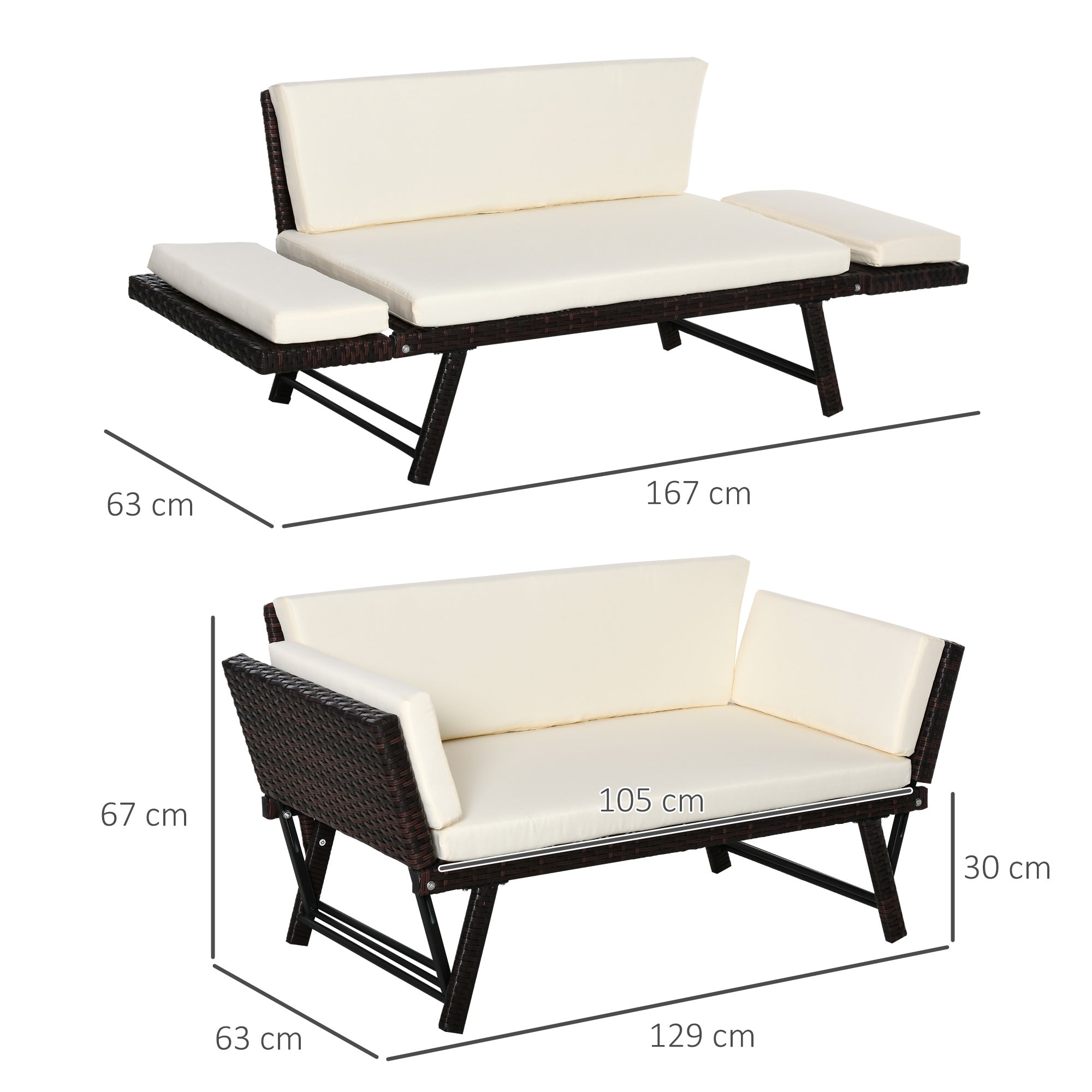 Poly Rattan 2-Seater Garden Sofa Lounge Sofa Garden Bench Lounger with Folding Armrests Steel Brown 129 x 63 x 67 cm