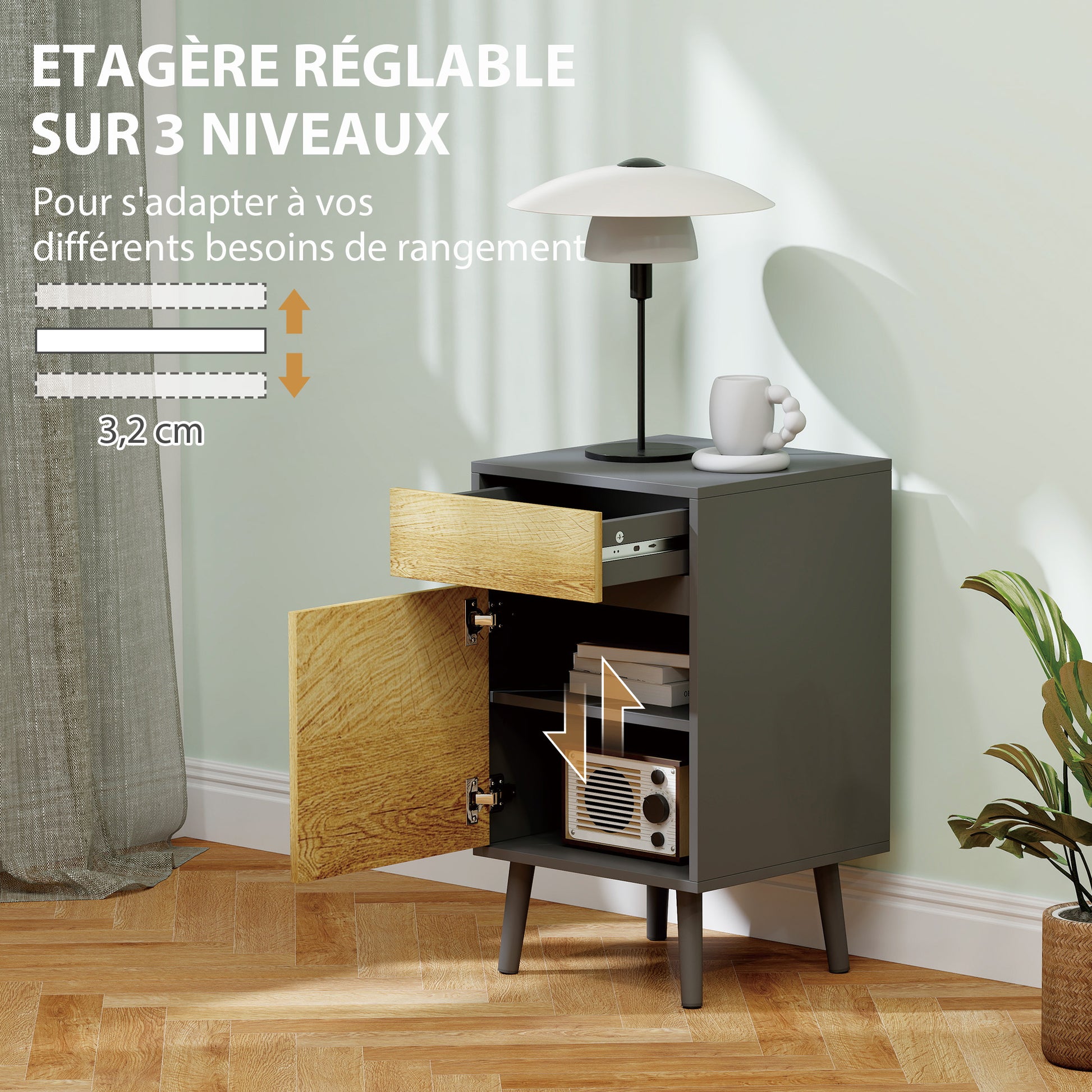 Set of 2 Bedside Tables Nightstand with Drawers and Cabinet, Modern Style for Bedroom, Living Room, 40 x 39 x 69 cm, Dark Gray