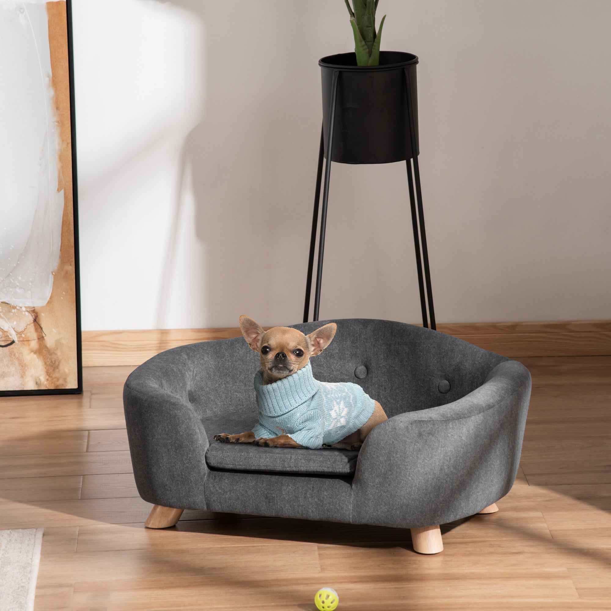 Pet Sofa Dog Mat Dog Bed Dog Couch Cat Sofa with Pillow Back Pocket Plush Foam Pine Wood Dark Grey 70 x 47 x 30 cm