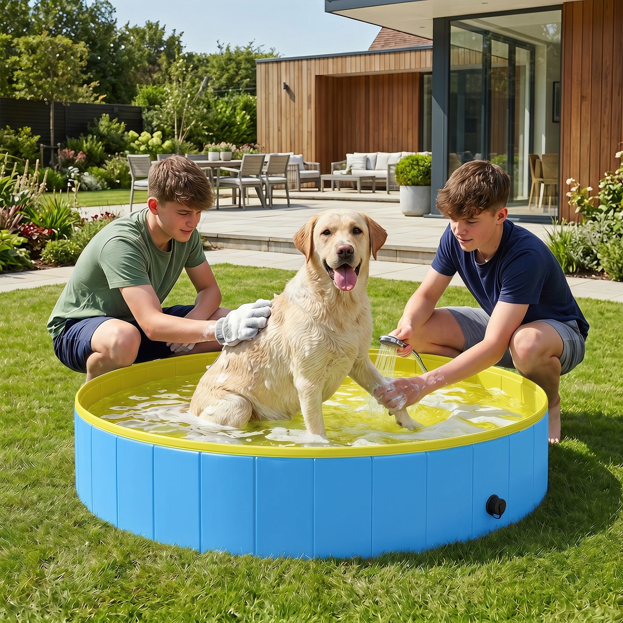 Folding Dog Pool for Large & Extra-Large Dogs, 160 x 30 cm (63" x 11.8"), Non-Slip, Durable Plastic, Blue — Indoor & Outdoor