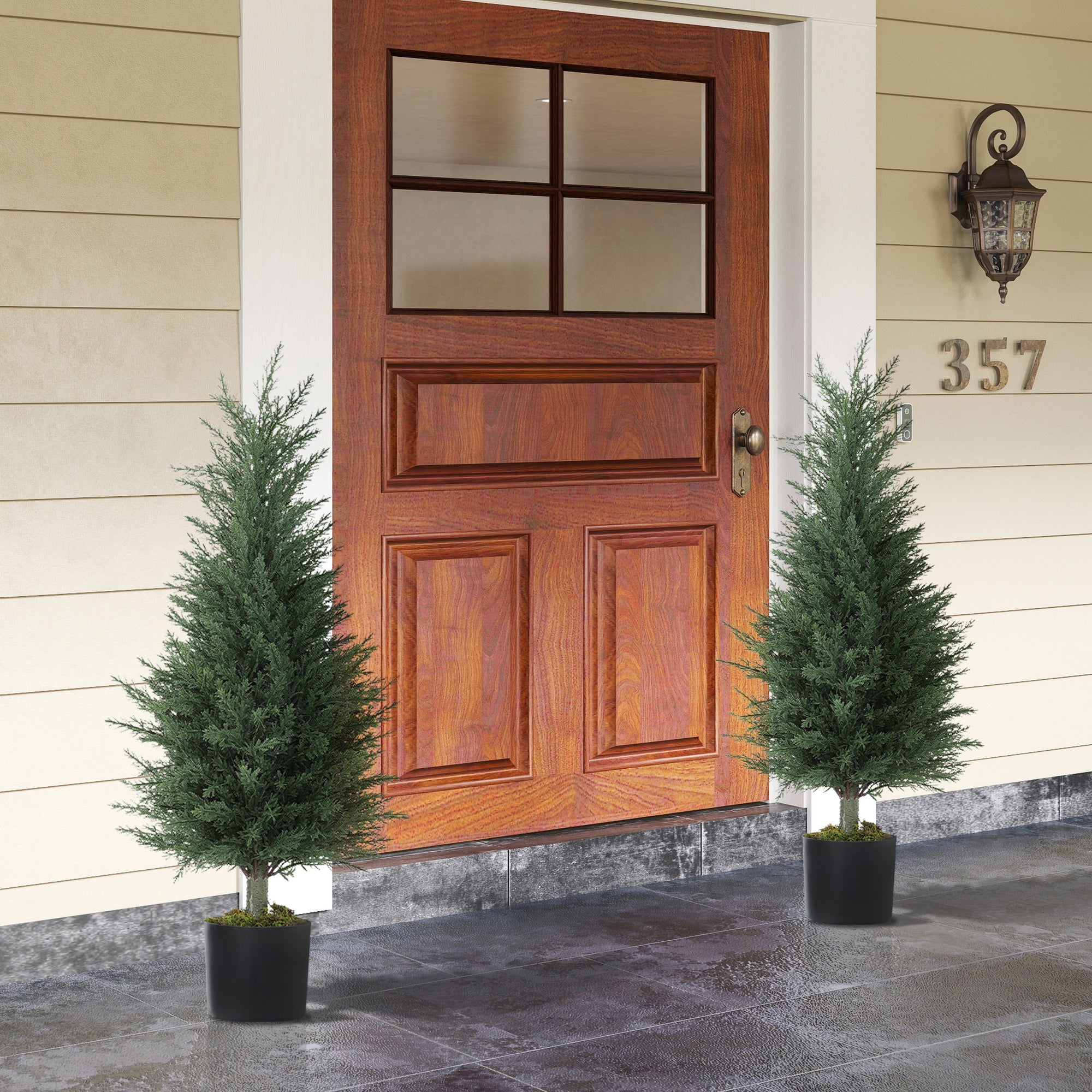 Set of 2 Artificial Cypress Trees, 35.4 in Faux Plants with Moss in Pots, UV-Resistant — Realistic PE Leaves for Indoor & Outdoor Decor