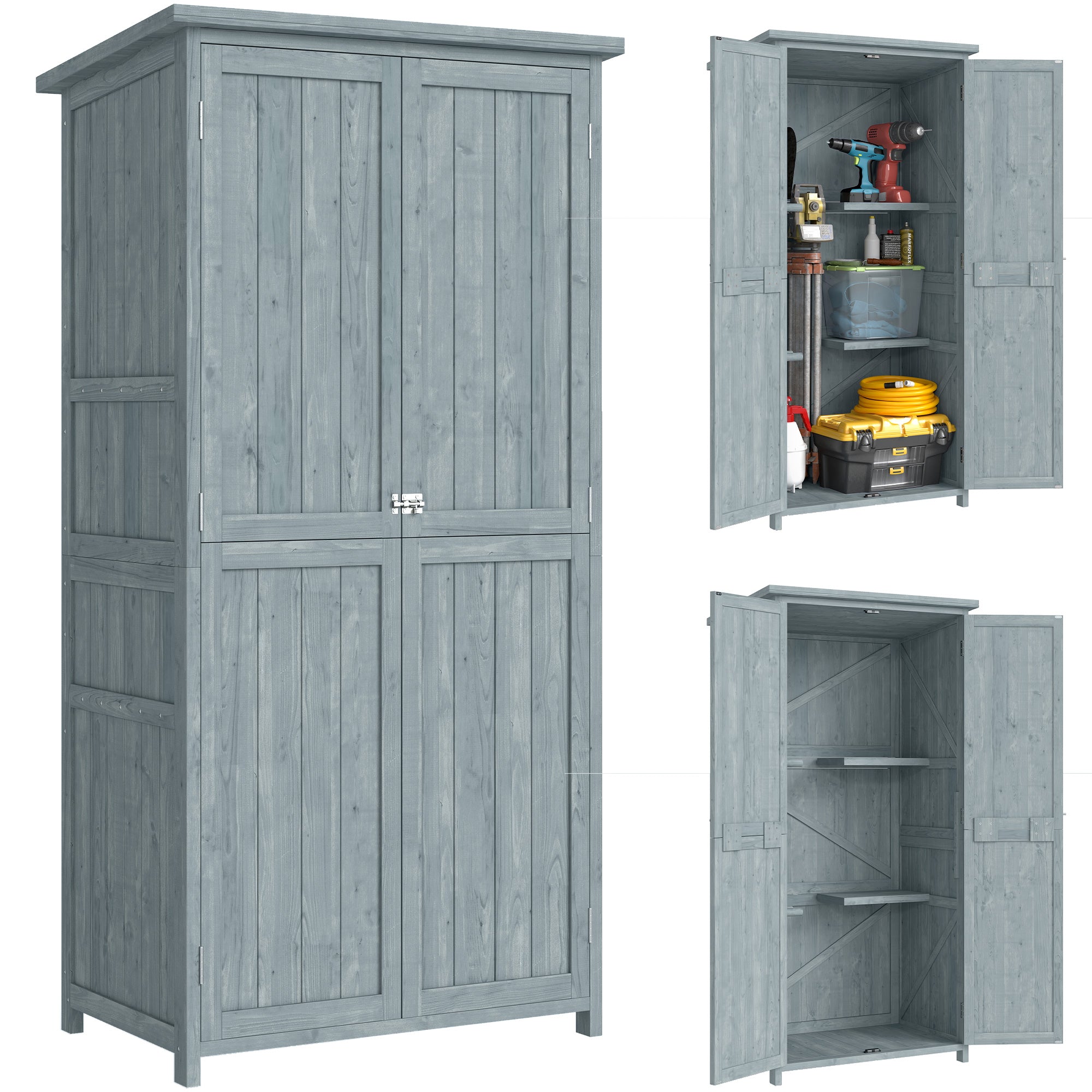 Pine Wood Outdoor Storage Cabinet with 2 Lockable Doors, 2 Shelves & 10 Hooks, Waterproof Asphalt Roof, for Balcony & Patio, 33.5 x 21.3 x 67 in, Gray