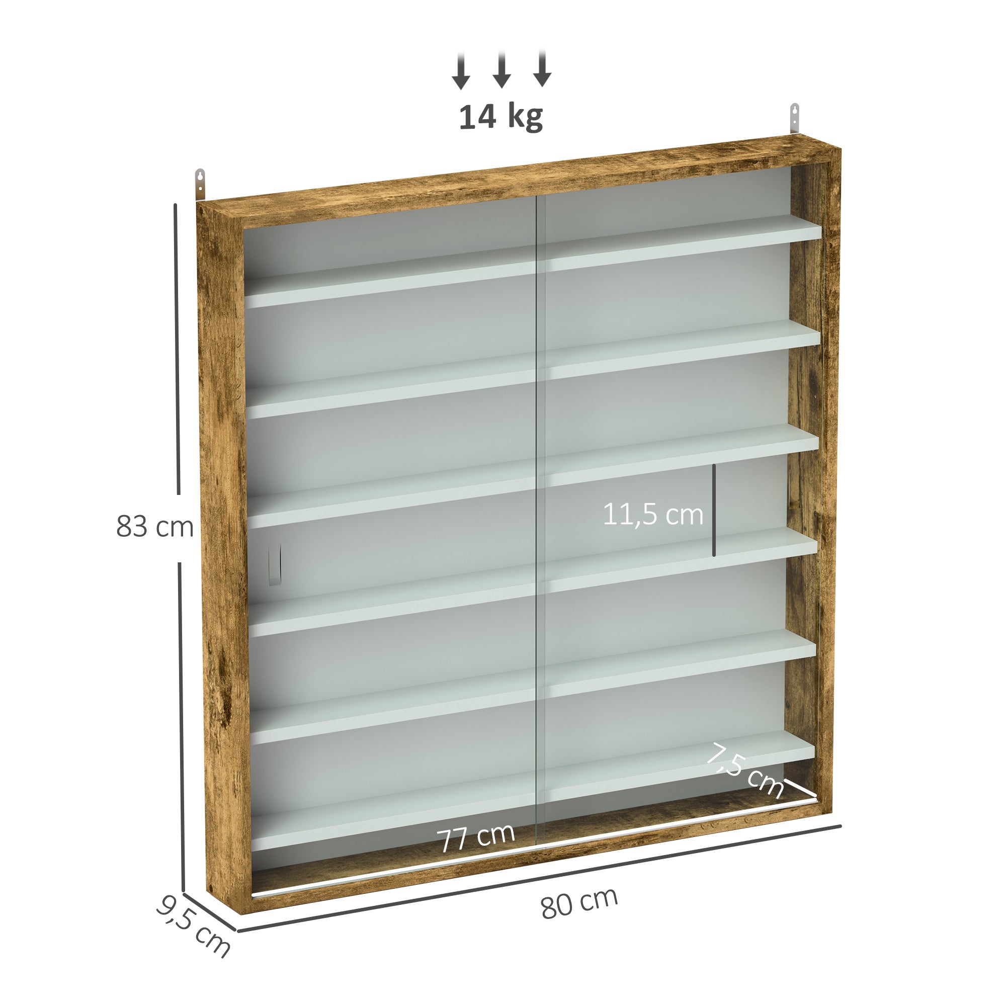 Wall Display Cabinet for Collectibles, 31.5" x 3.7" x 32.7" with 6 Adjustable Shelves and 2 Sliding Glass Doors, Rustic Brown