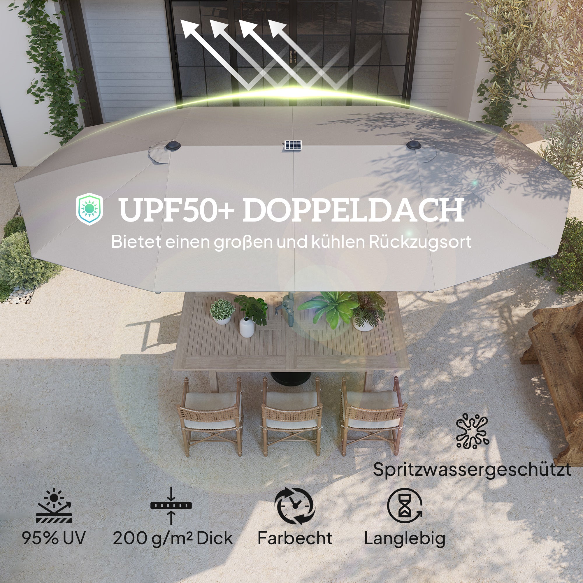 Double Sun Umbrella with Solar LED Lights 451x267 cm Aluminum UV 50+ Sun Umbrella with Hand Crank Fiberglass Ribs, Balcony Umbrella Windproof Market Umbrella Sun Protection for Balcony Garden Dark Gray