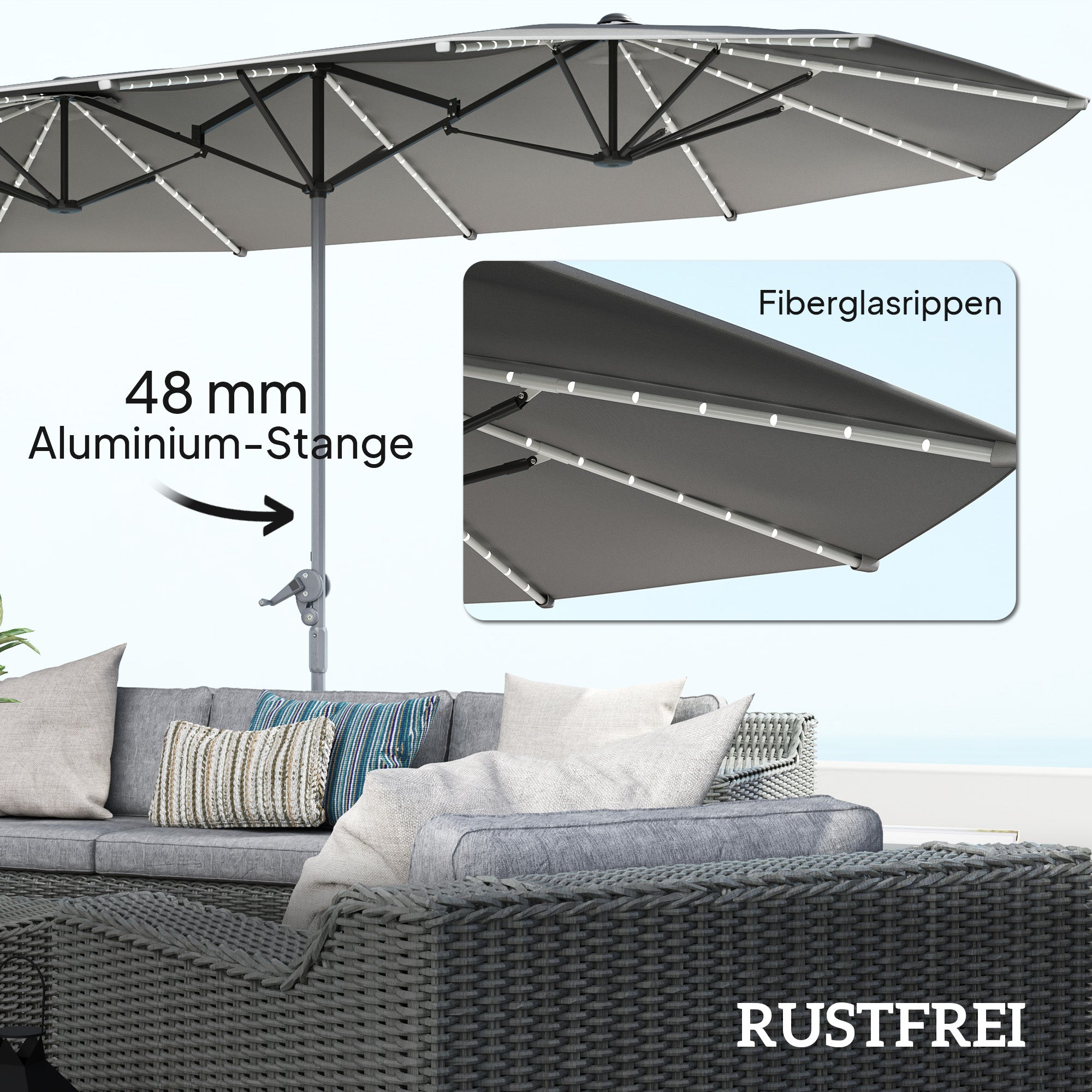 Double Sun Umbrella with Solar LED Lights 451x267 cm Aluminum UV 50+ Sun Umbrella with Hand Crank Fiberglass Ribs, Balcony Umbrella Windproof Market Umbrella Sun Protection for Balcony Garden Dark Gray