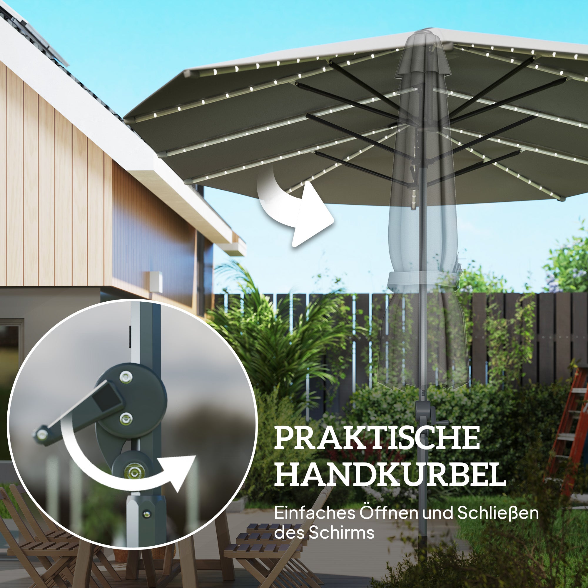 Double Sun Umbrella with Solar LED Lights 451x267 cm Aluminum UV 50+ Sun Umbrella with Hand Crank Fiberglass Ribs, Balcony Umbrella Windproof Market Umbrella Sun Protection for Balcony Garden Dark Gray