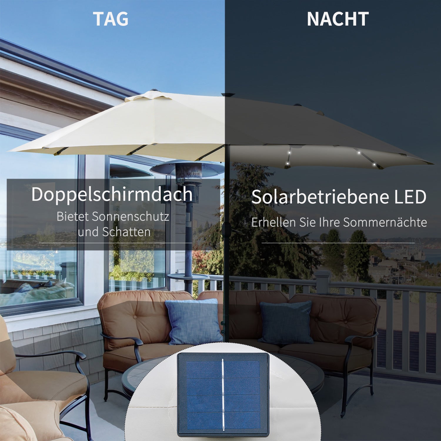 Sun Umbrella with LED Double Sun Umbrella 440 x 256 cm Garden Umbrella Market Umbrella Large Patio Umbrella with Hand Crank Oval Metal Cream White