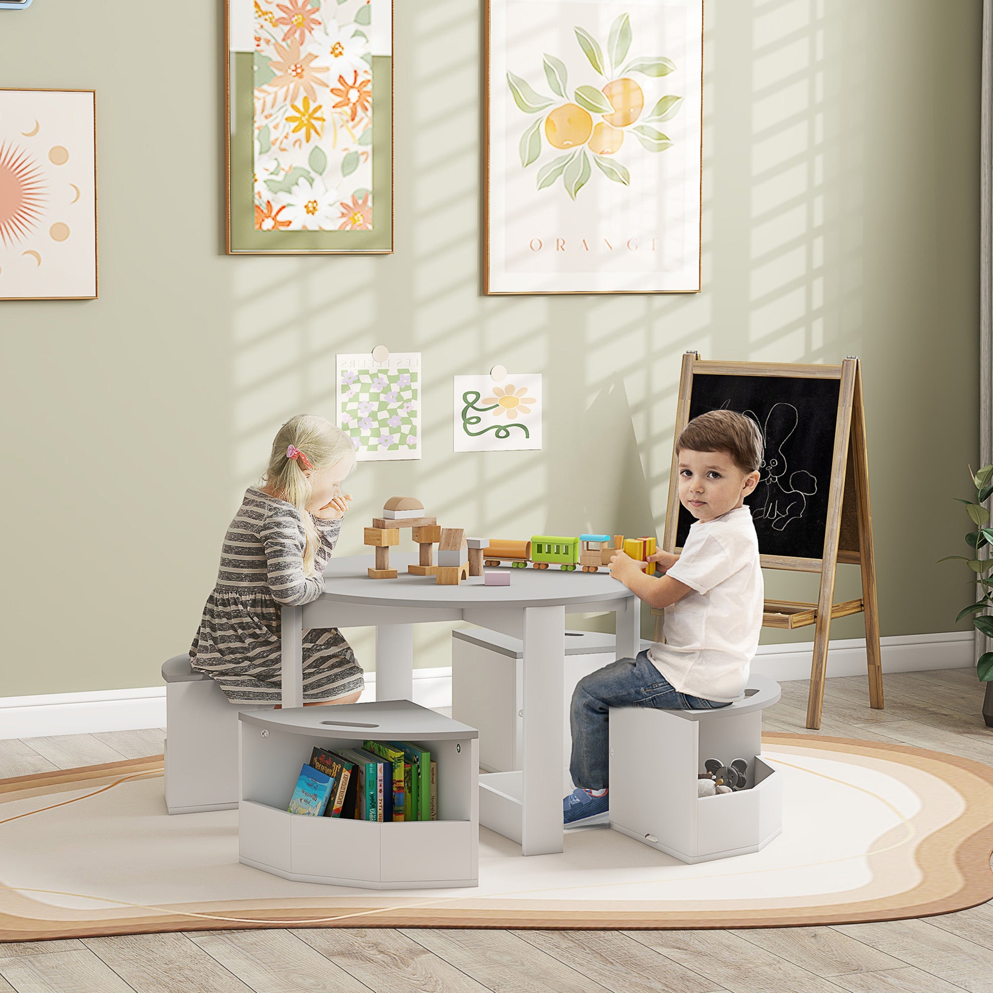 5-Piece Children's Table and Stools Set, Space-Saving Wooden Table and Chairs Set with Storage Compartment, Gray