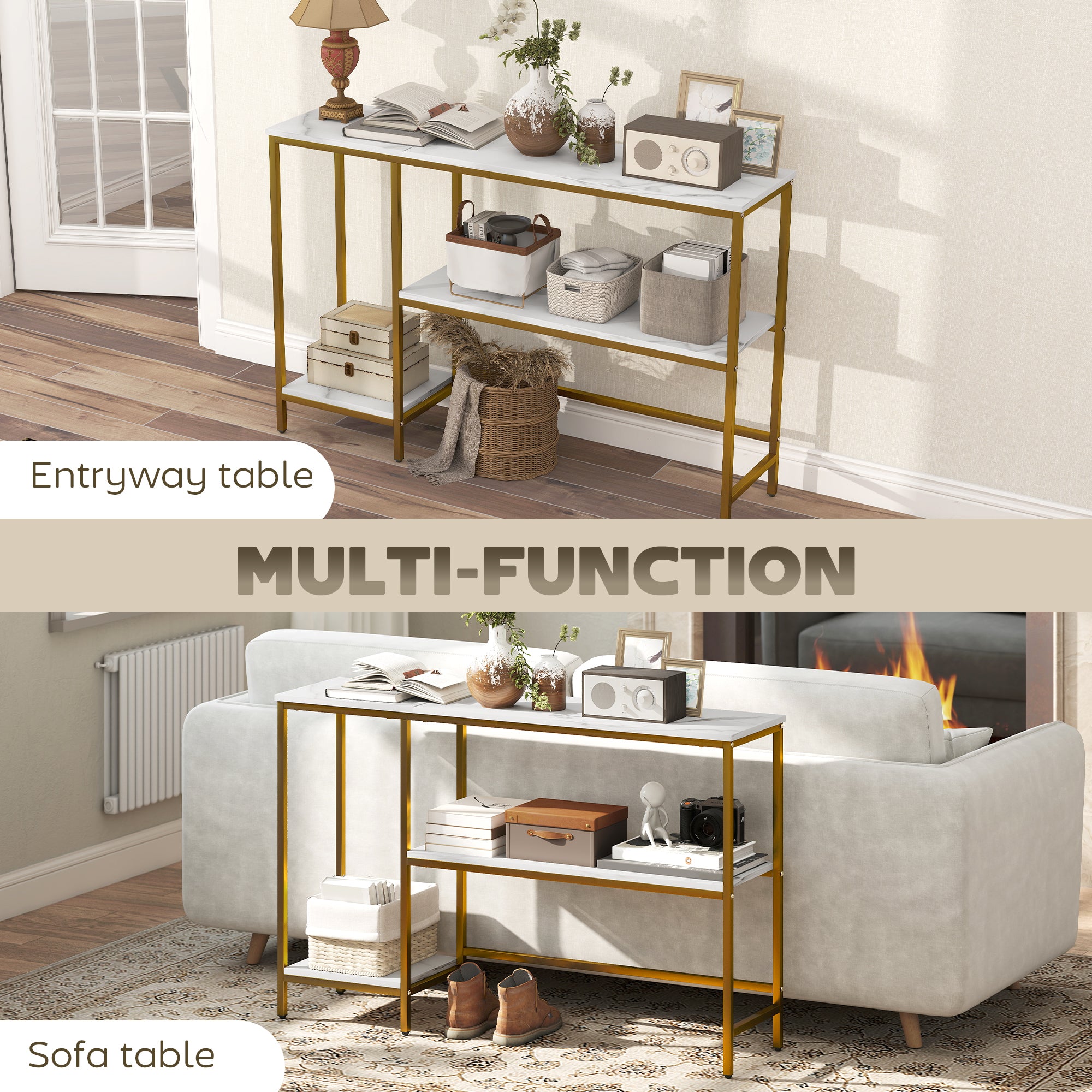 Console Table 47.2 in, 3-Tier Console with Shelves, Marble-Effect Tops, Metal Frame, Entryway & Hall Table, White/Gold