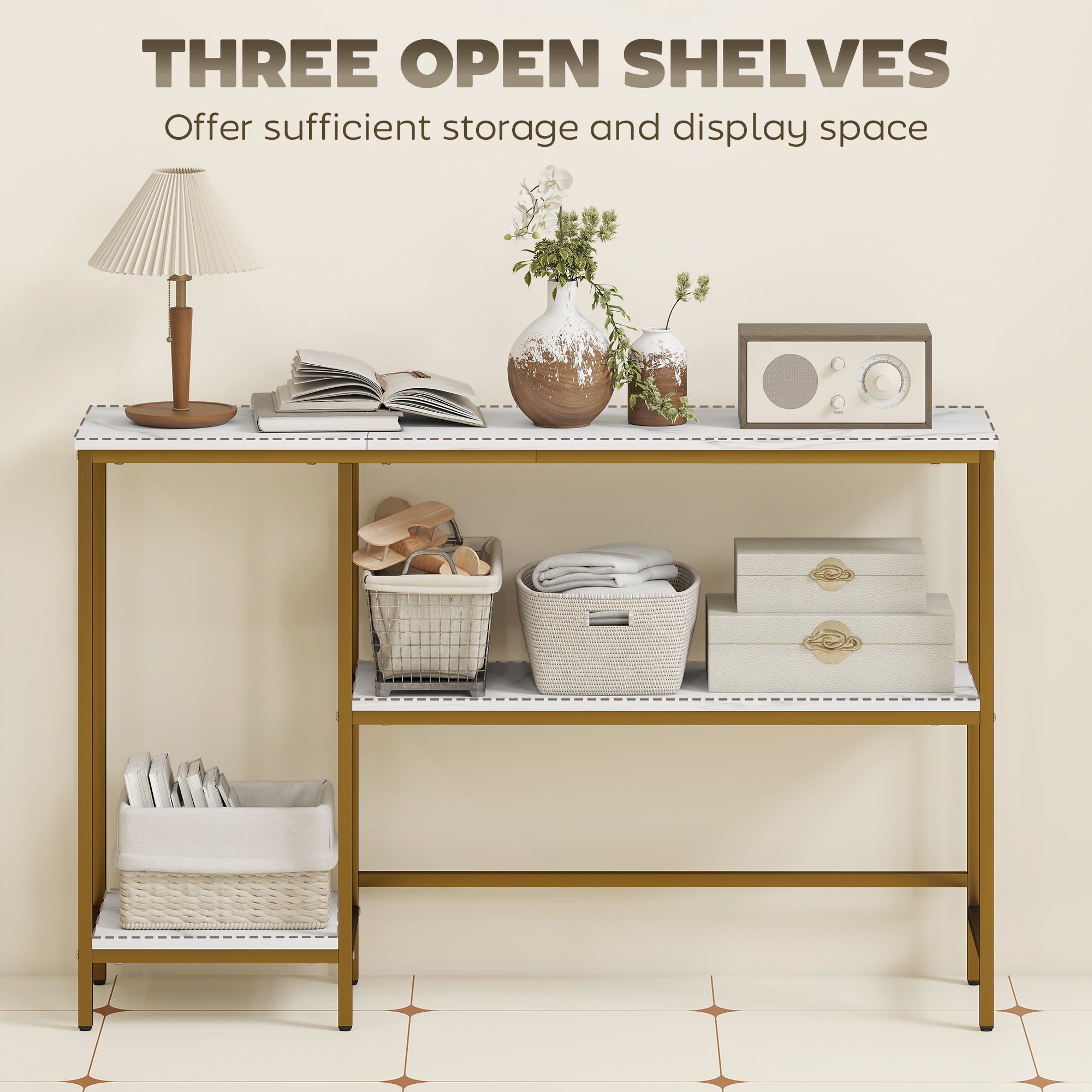 Console Table 47.2 in, 3-Tier Console with Shelves, Marble-Effect Tops, Metal Frame, Entryway & Hall Table, White/Gold