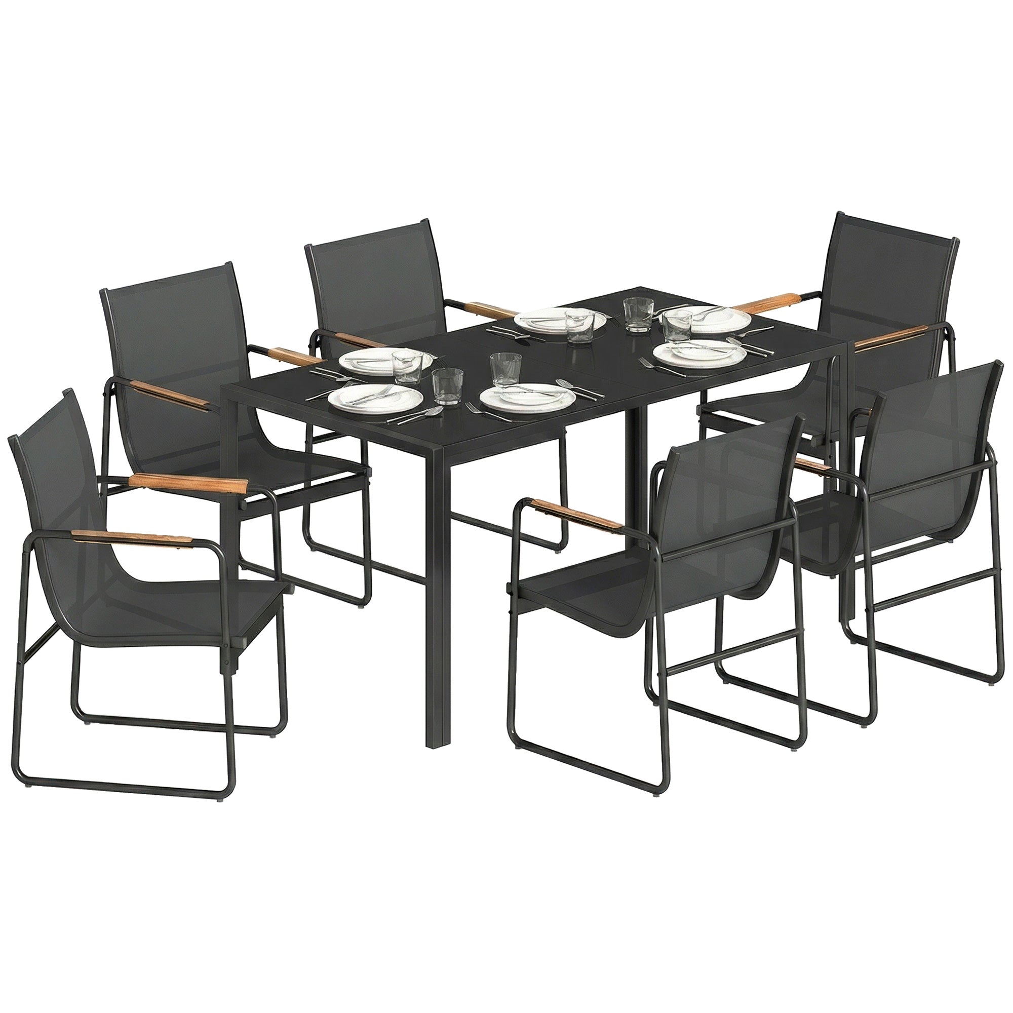 7-Piece Outdoor Dining Set — 59.1" x 31.5" Tempered Glass Table with 6 Breathable Mesh Chairs, Weather-Resistant, Black