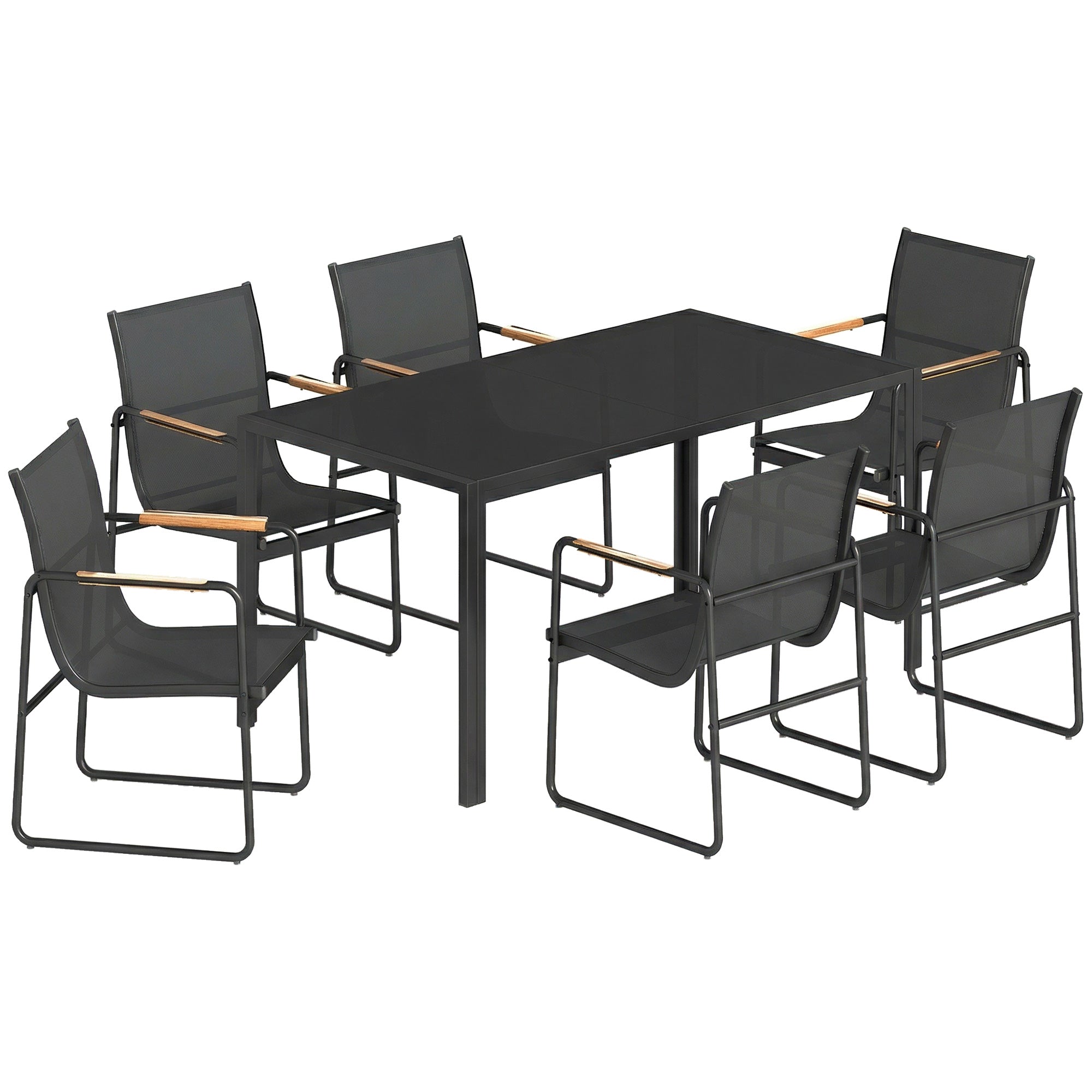 7-Piece Outdoor Dining Set — 59.1" x 31.5" Tempered Glass Table with 6 Breathable Mesh Chairs, Weather-Resistant, Black