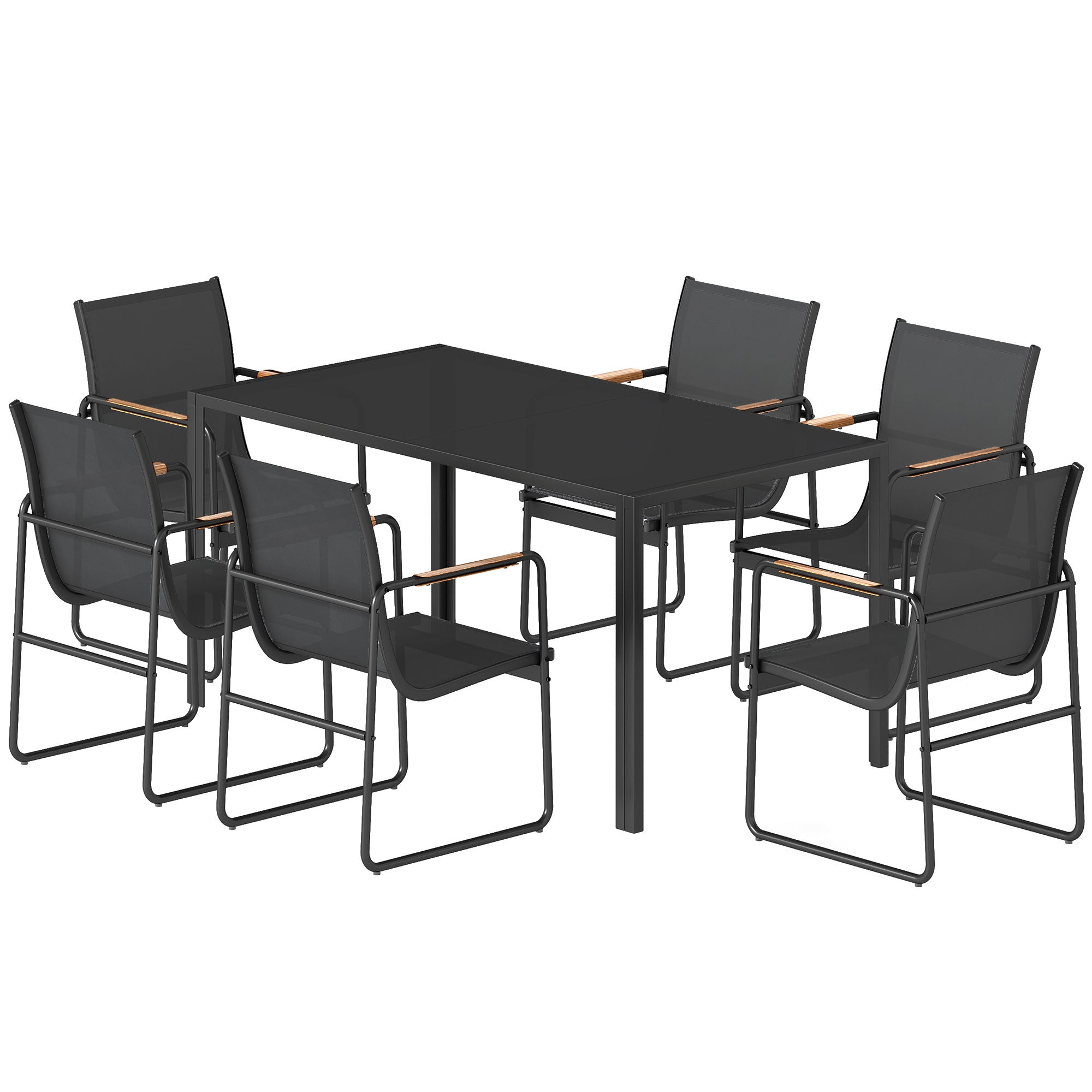 7-Piece Outdoor Dining Set — 59.1" x 31.5" Tempered Glass Table with 6 Breathable Mesh Chairs, Weather-Resistant, Black