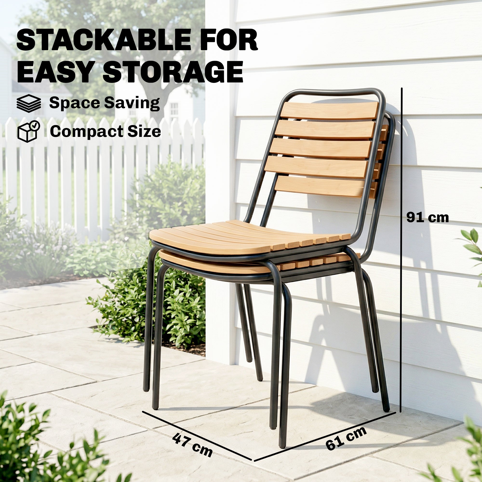 2-Pack Weatherproof Garden Chairs — Steel Frame & Eucalyptus Wood, Stackable, 352 lb Capacity, Natural Wood