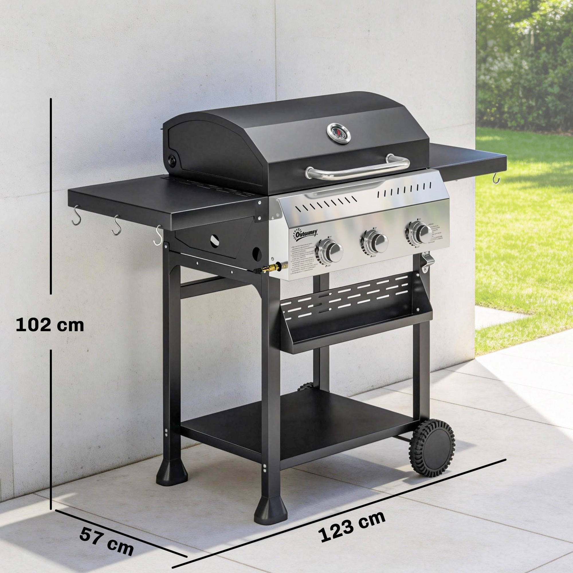 9 kW (≈30,700 BTU) 3-Burner Stainless Steel Gas Grill Cart — Foldable Side Shelves, Spice Rack, Warming Rack, Enamel Grates, Wheels