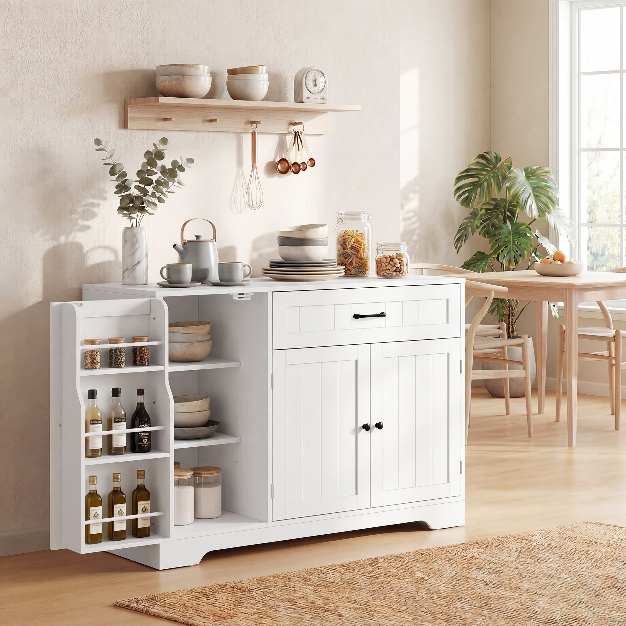 Kitchen Buffet Sideboard with Drawer, 3 Soft-Close Doors, Hidden Racks & Adjustable Shelves — Fits TVs up to 55", White