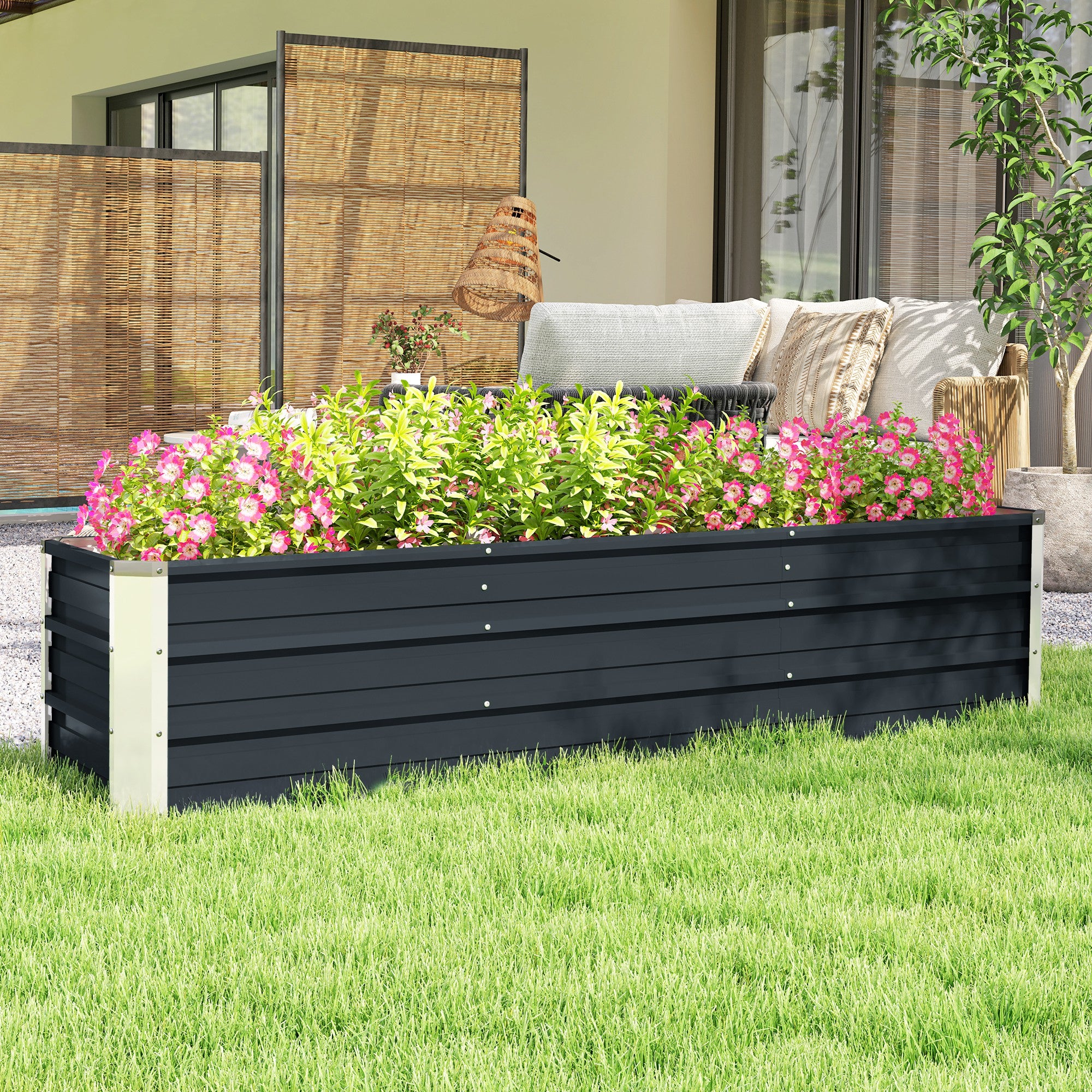 Steel Raised Garden Bed Planter Flower Box Flower Pot with Gloves Grey 183 x 47 x 40 cm