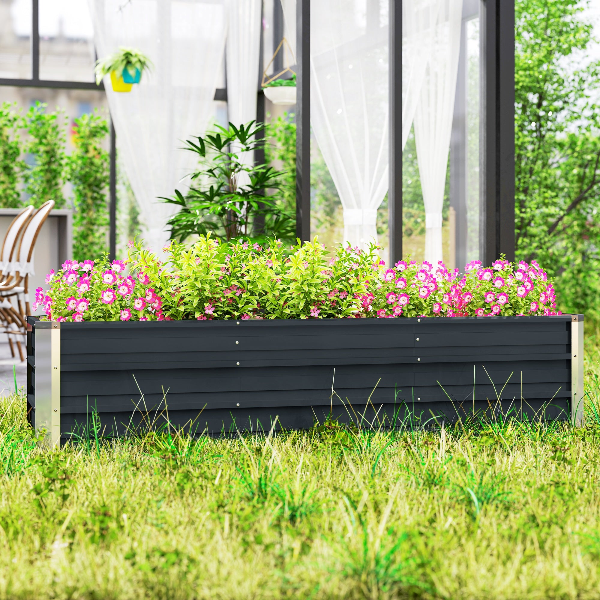 Steel Raised Garden Bed Planter Flower Box Flower Pot with Gloves Grey 183 x 47 x 40 cm
